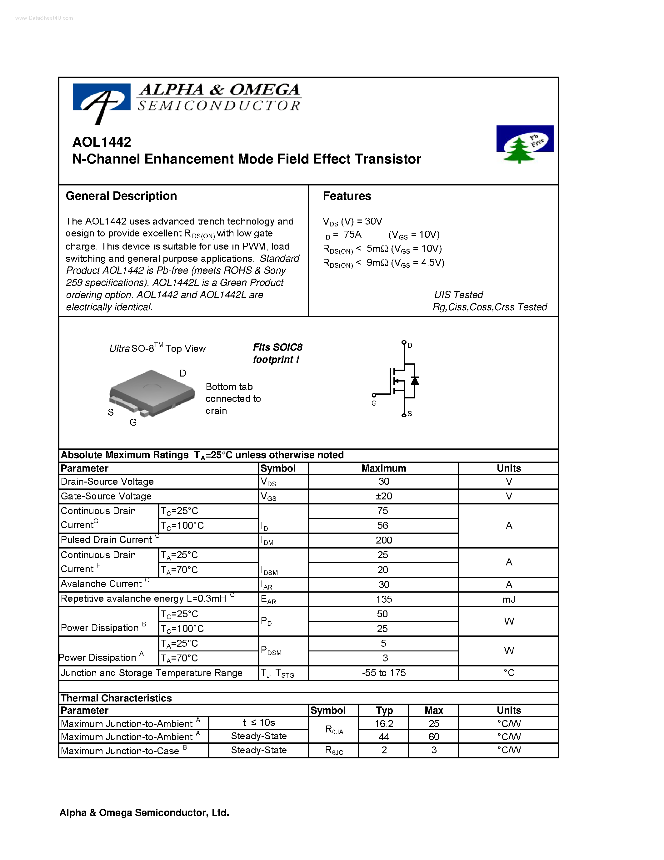 Datasheet AOL1442 - N-Channel Enhancement Mode Field Effect Transistor page 1