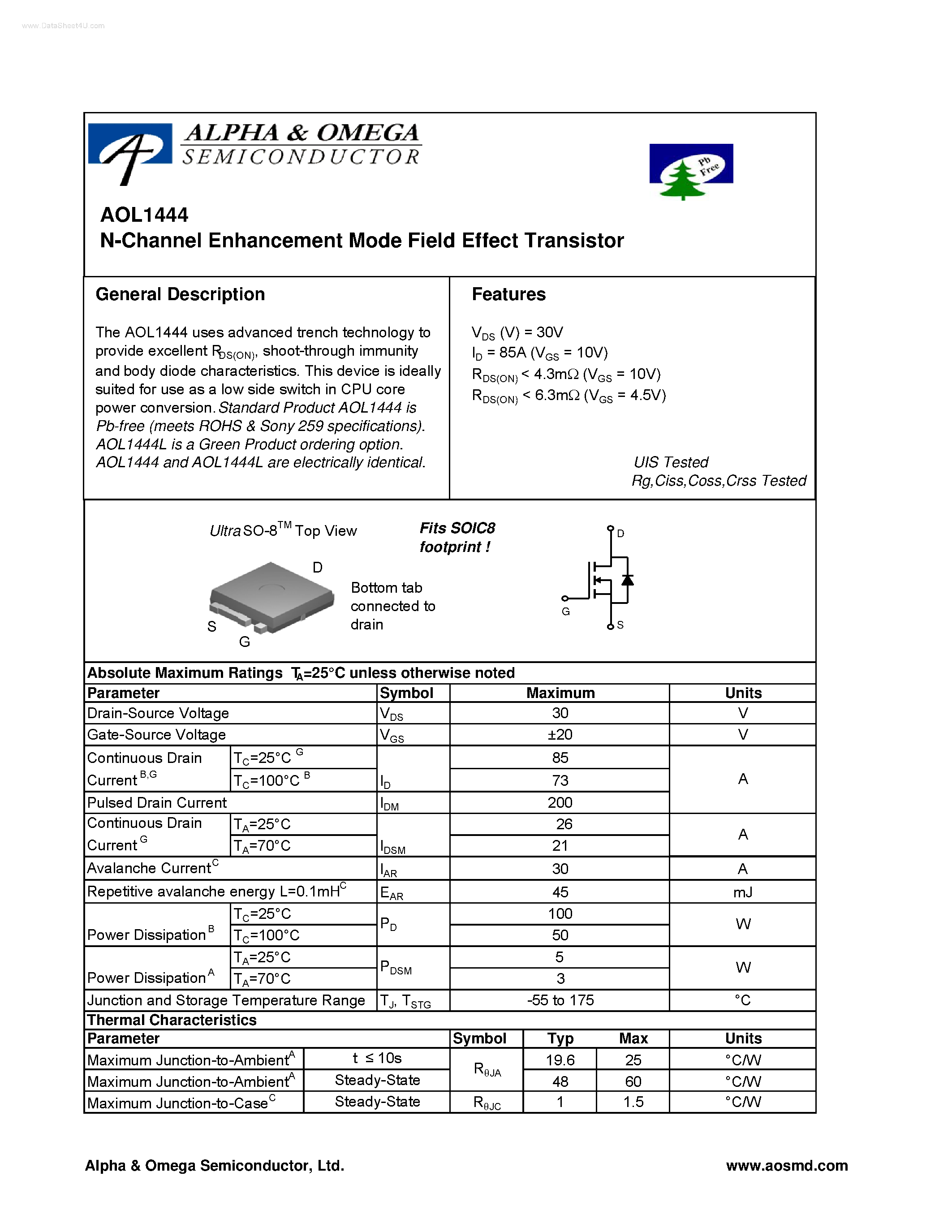 Datasheet AOL1444 - N-Channel Enhancement Mode Field Effect Transistor page 1