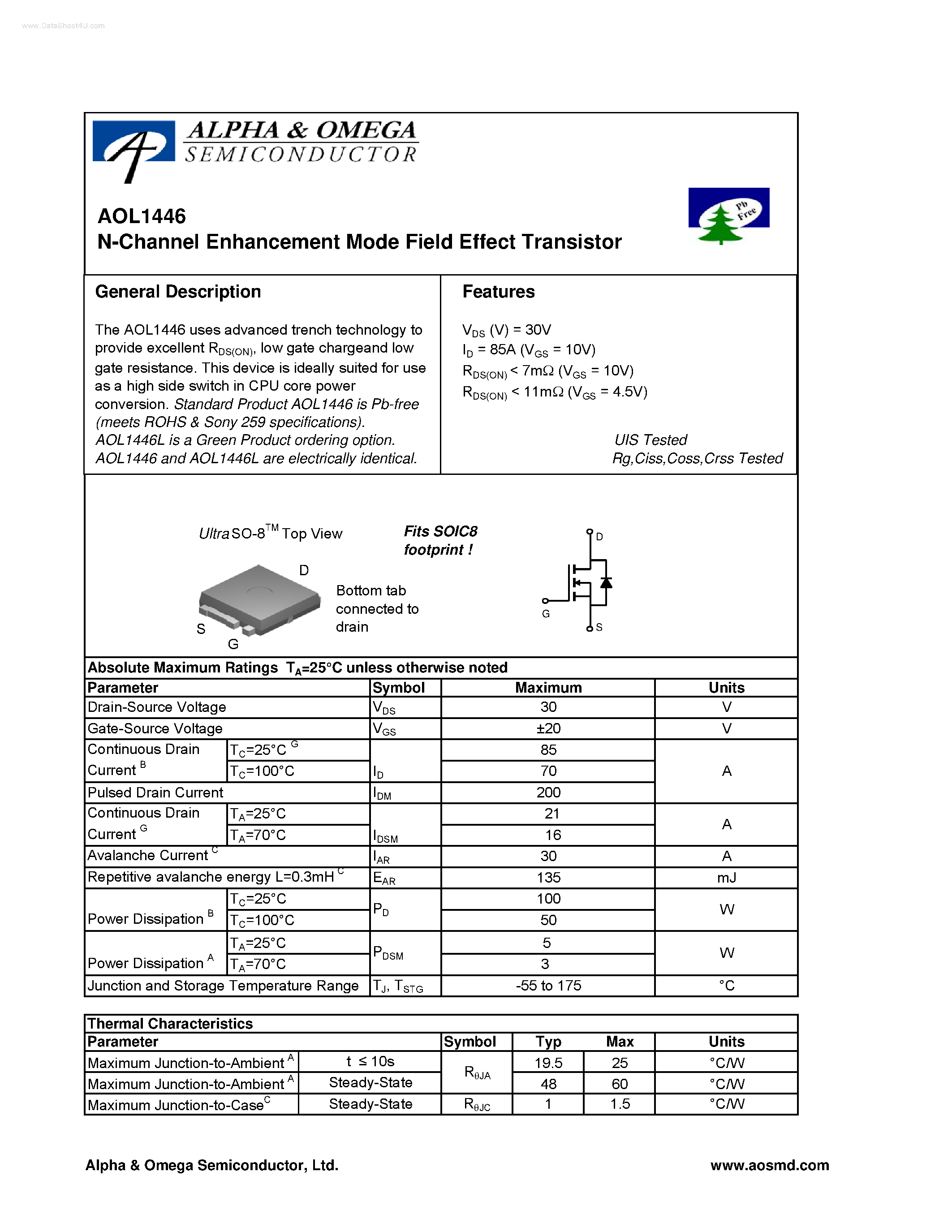 Datasheet AOL1446 - N-Channel Enhancement Mode Field Effect Transistor page 1
