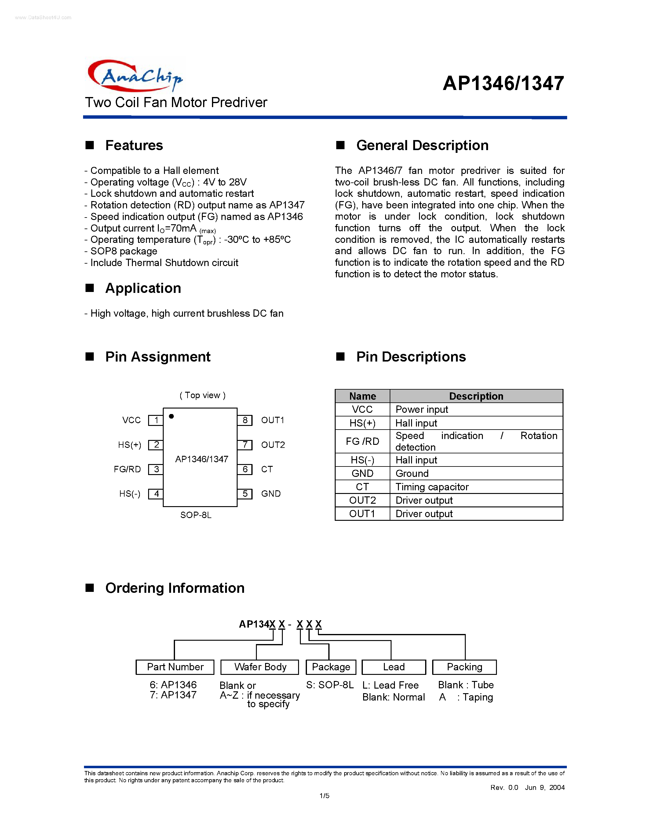 Datasheet AP1346 - (AP1346 / AP1347) Two Coil Fan Motor Predriver page 1