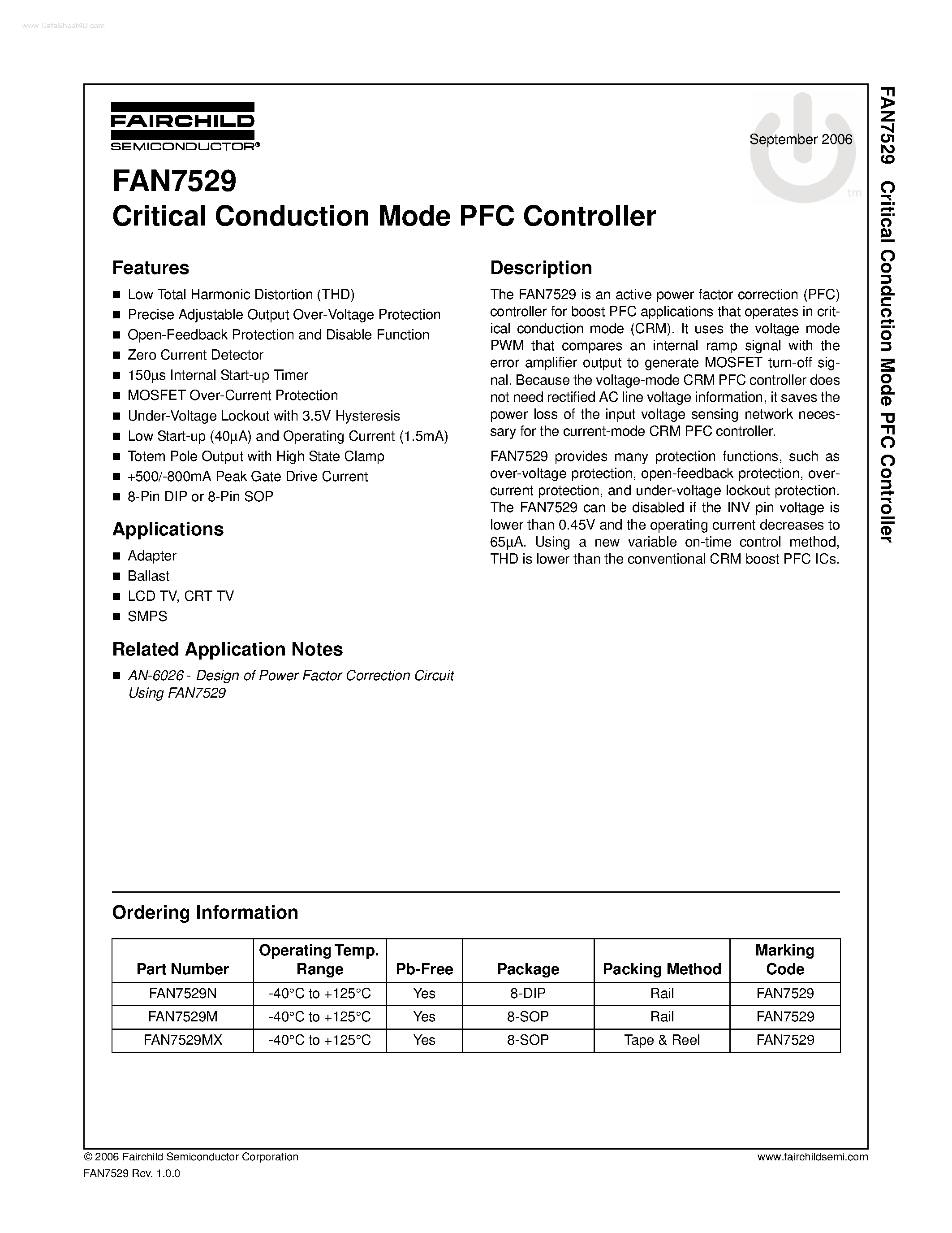 Datasheet FAN7529 page 1 Datasheet FAN7529 - Critical Conduction Mode PFC Controller page 1