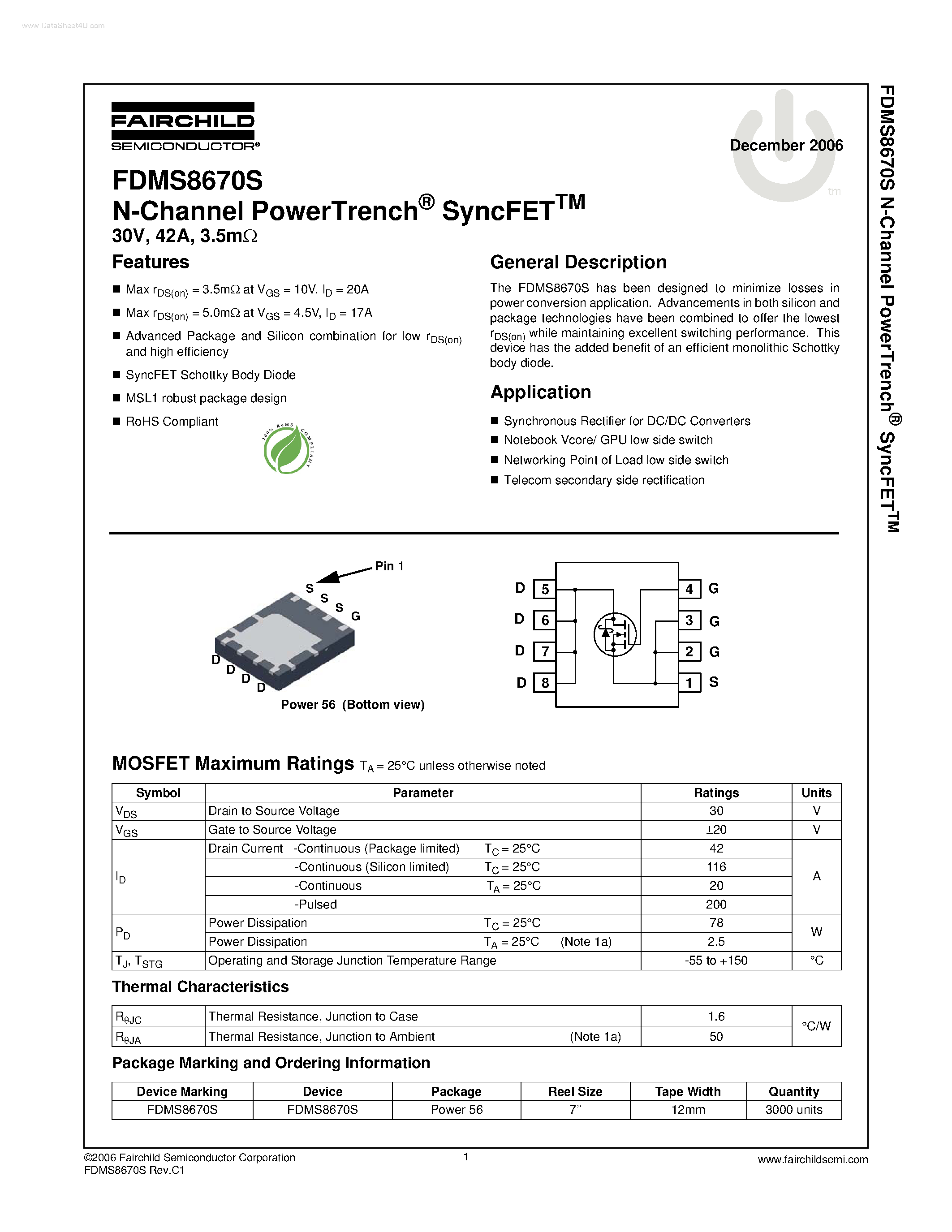 Datasheet FDMS8670S - N-Channel PowerTrench SyncFETTM page 1