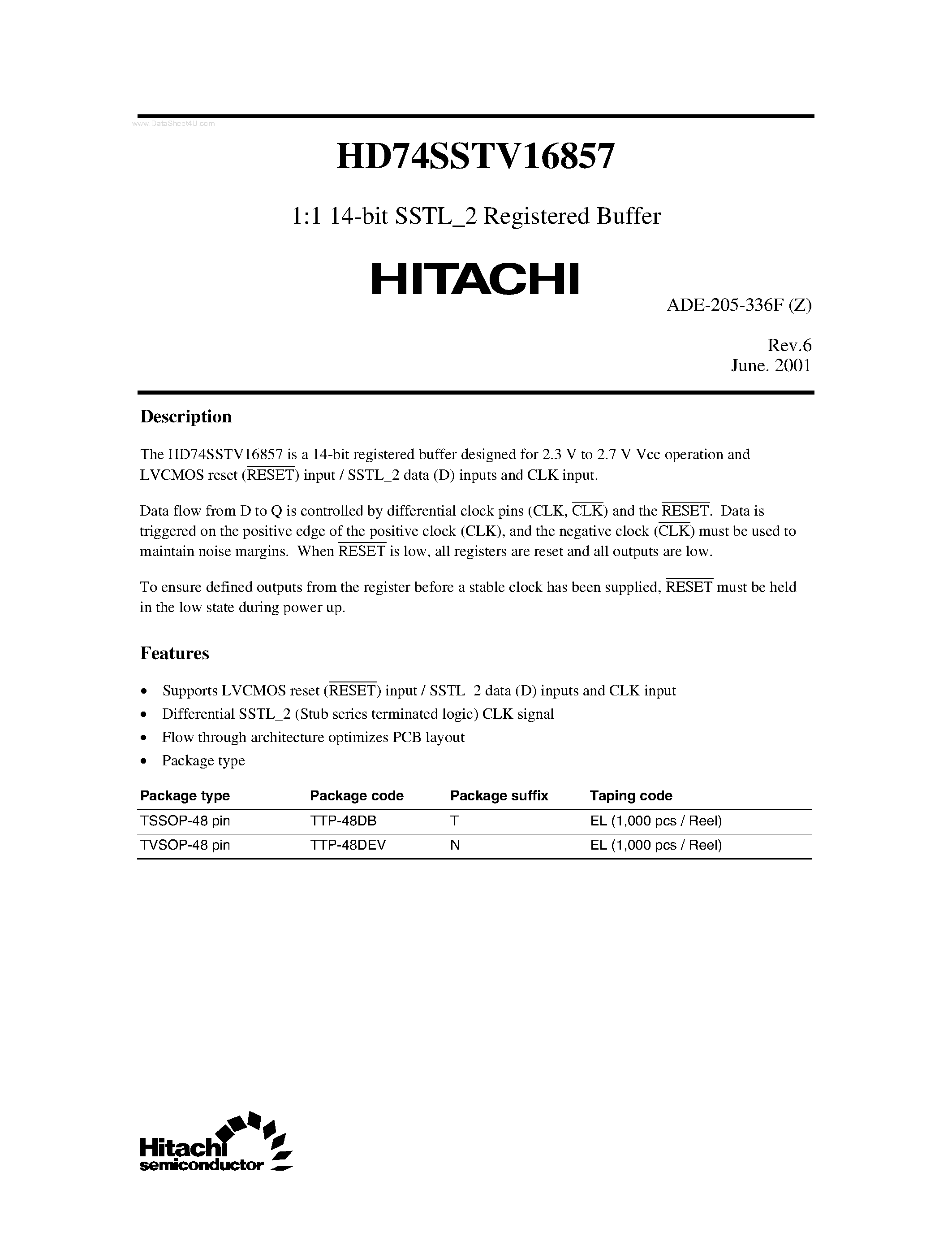 Даташит HD74SSTV16857 - 1:1 14-bit SSTL-2 Registered Buffer страница 1