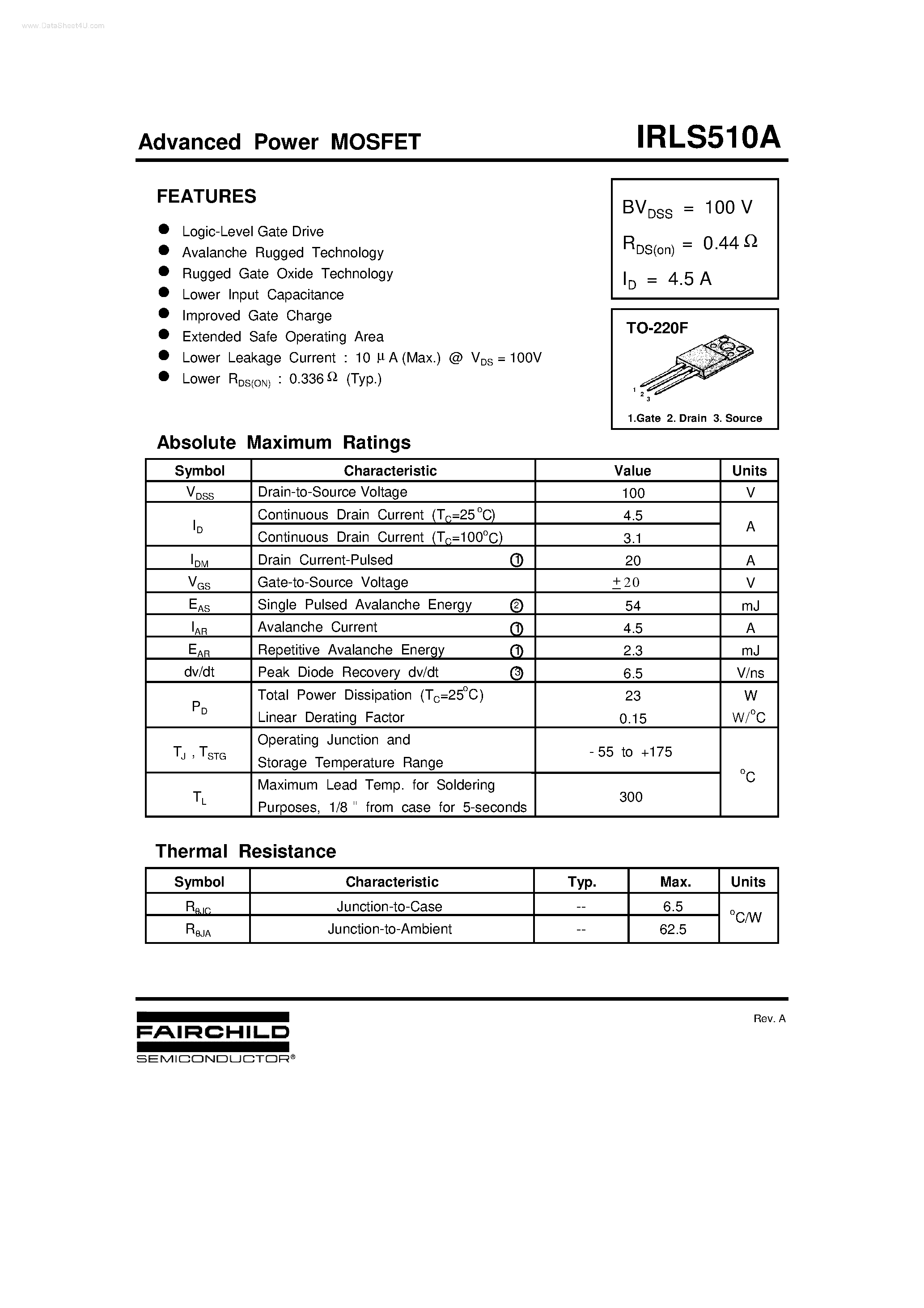 Даташит IRLS510A - Advanced Power MOSFET страница 1