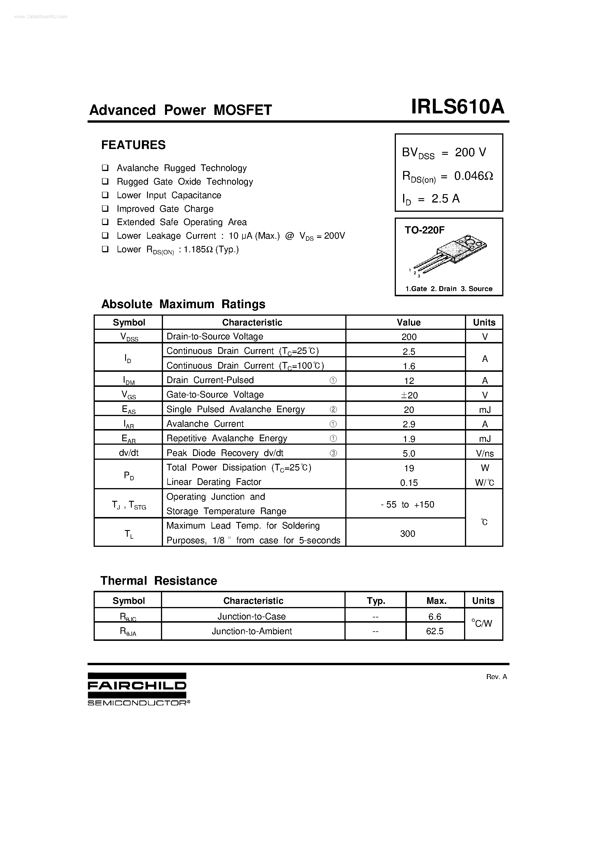 Даташит IRLS610A - Advanced Power MOSFET страница 1