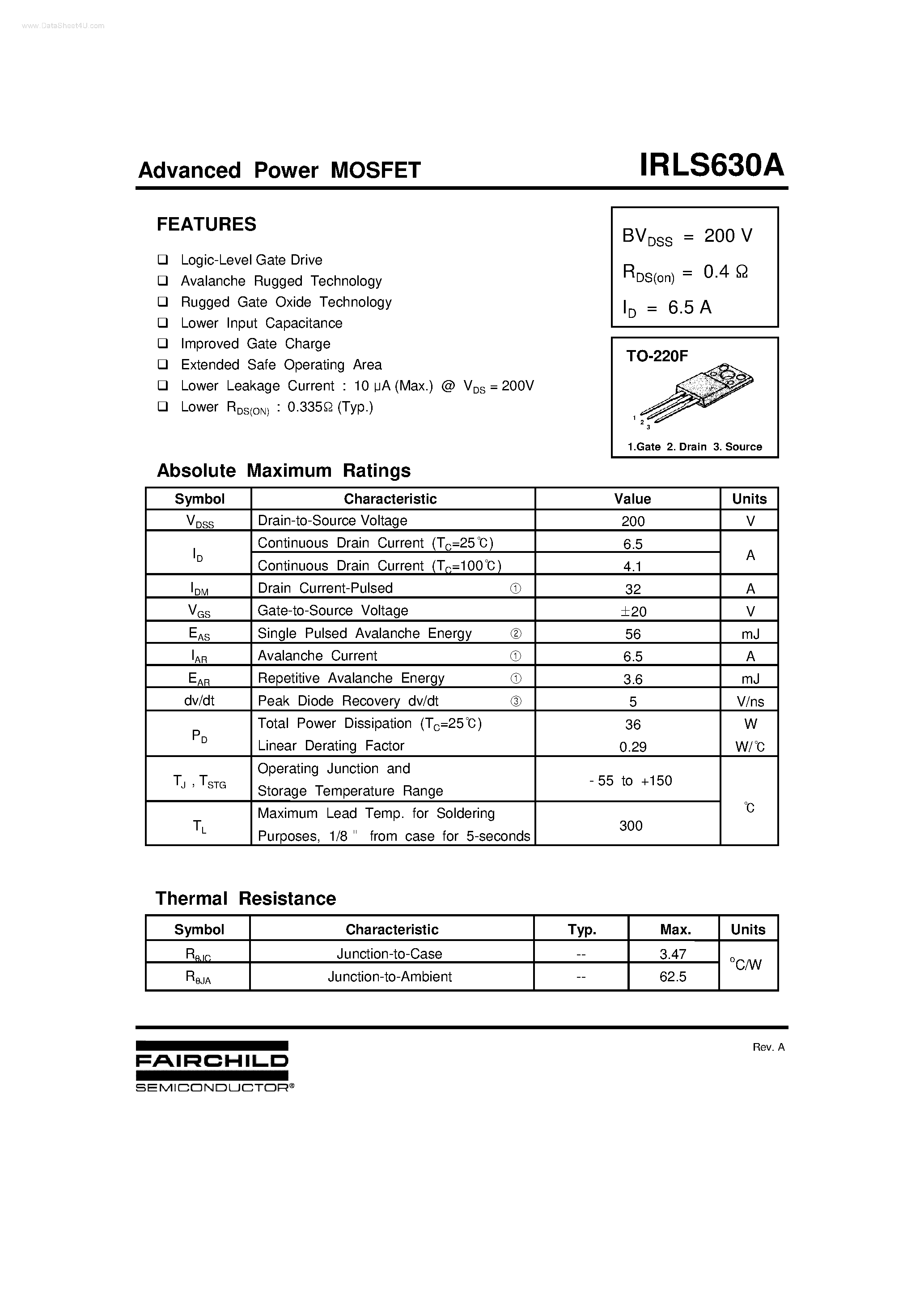 Даташит IRLS630A - Advanced Power MOSFET страница 1