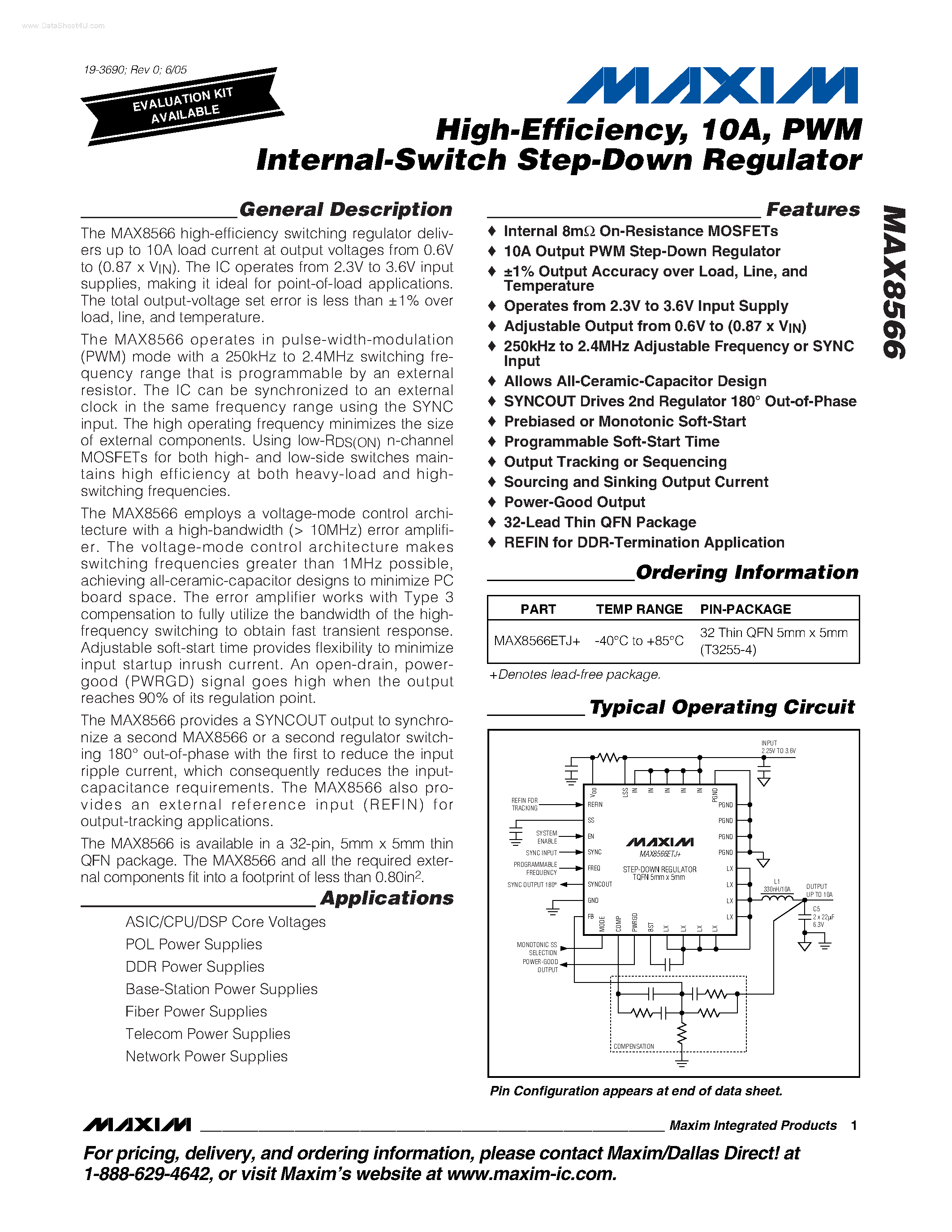 Datasheet MAX8566 - PWM Internal-Switch Step-Down Regulator page 1