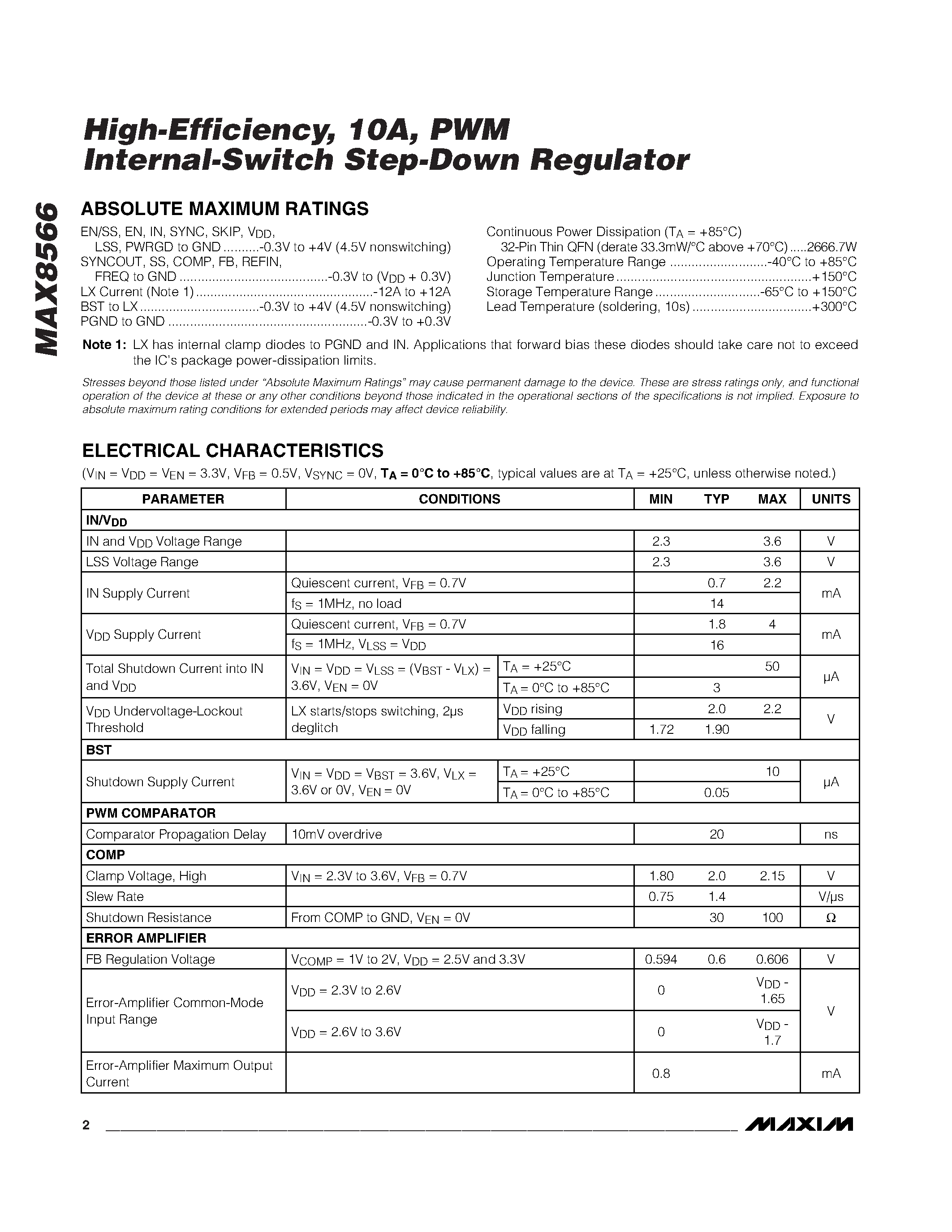 Datasheet MAX8566 - PWM Internal-Switch Step-Down Regulator page 2