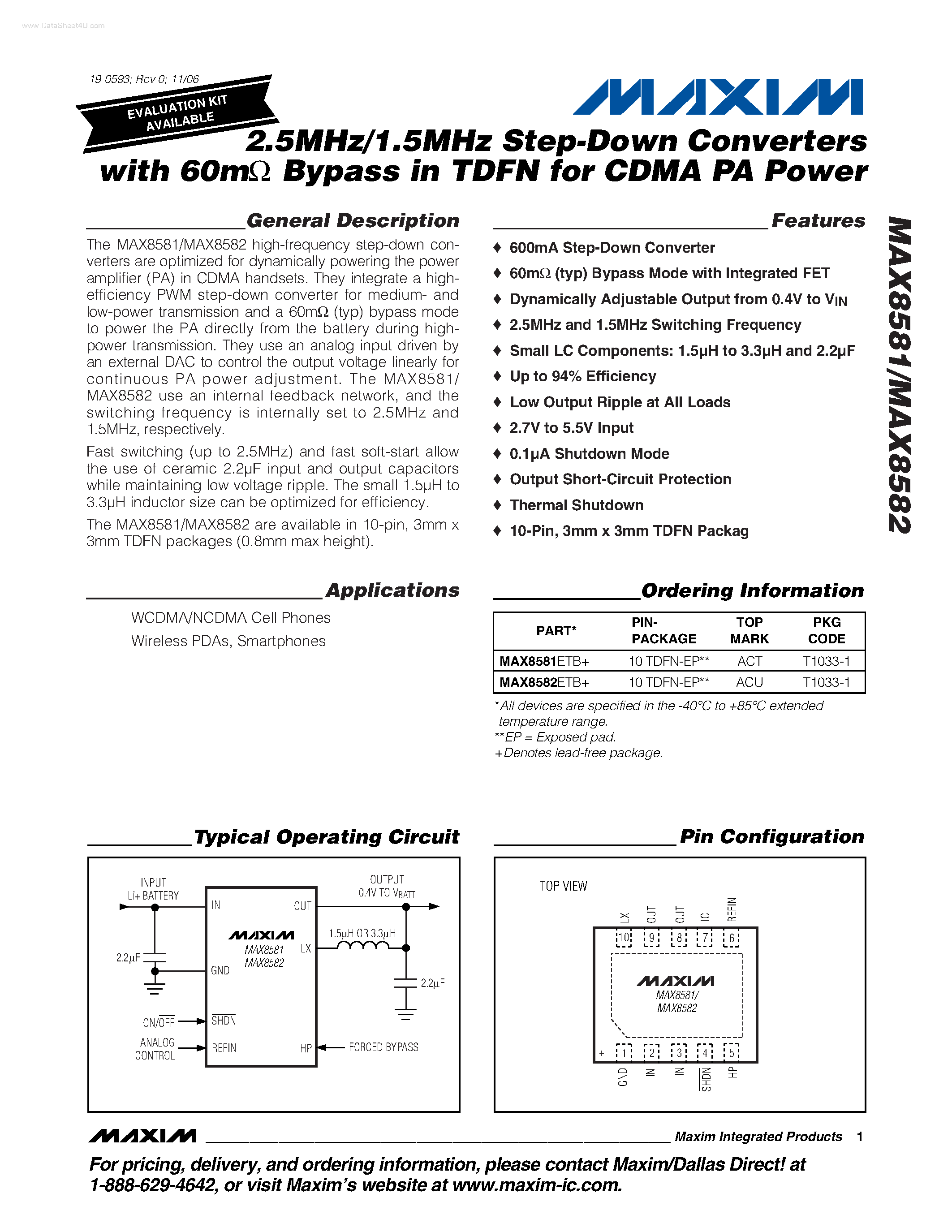 Datasheet MAX8581 - (MAX8581 / MAX8582) Step-Down Converters page 1
