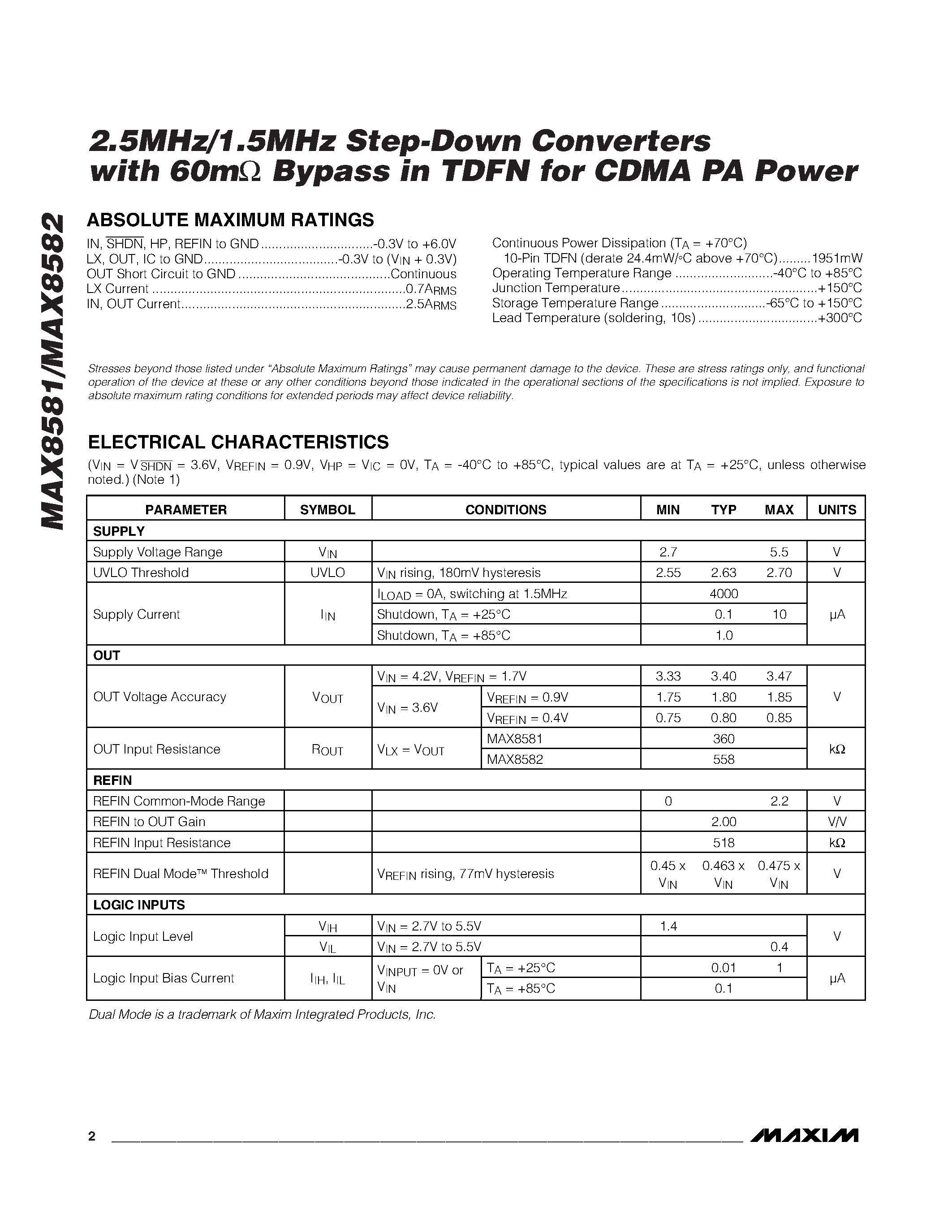 Datasheet MAX8581 - (MAX8581 / MAX8582) Step-Down Converters page 2
