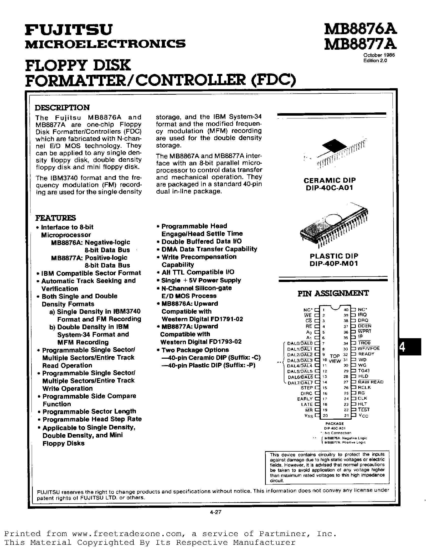 Datasheet MB8876A page 1 Datasheet MB8876A - (MB8876A / MB8877A) FLOPPY DISK FORMATTER / CONTROLLER (FDC) page 1