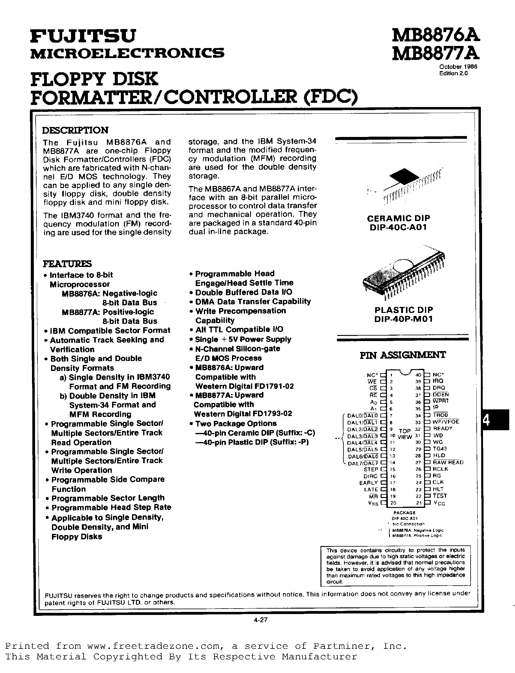Datasheet MB8876A - (MB8876A / MB8877A) FLOPPY DISK FORMATTER / CONTROLLER (FDC) page 1