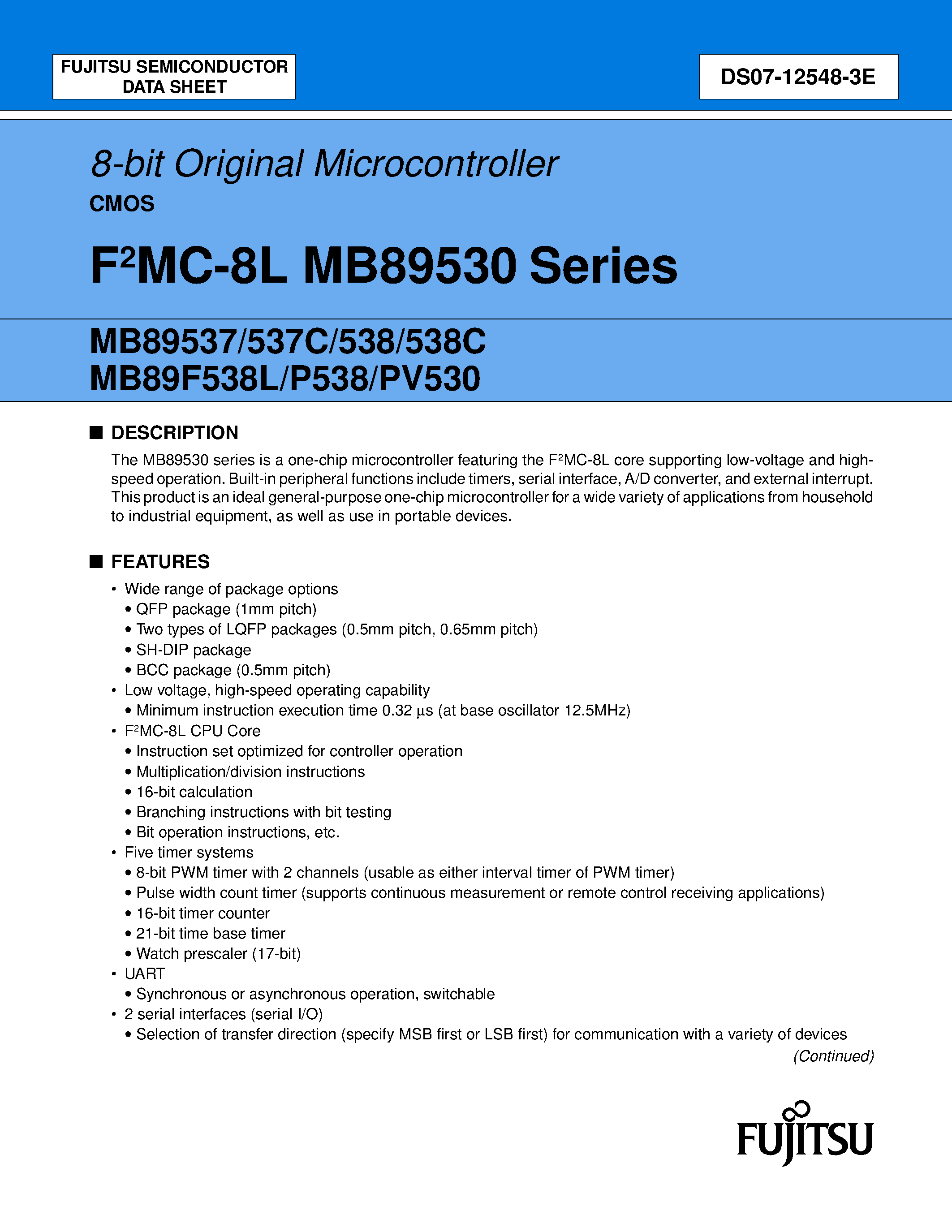 Datasheet MB89537 - (MB89530 Series) 8-bit Original Microcontroller page 1