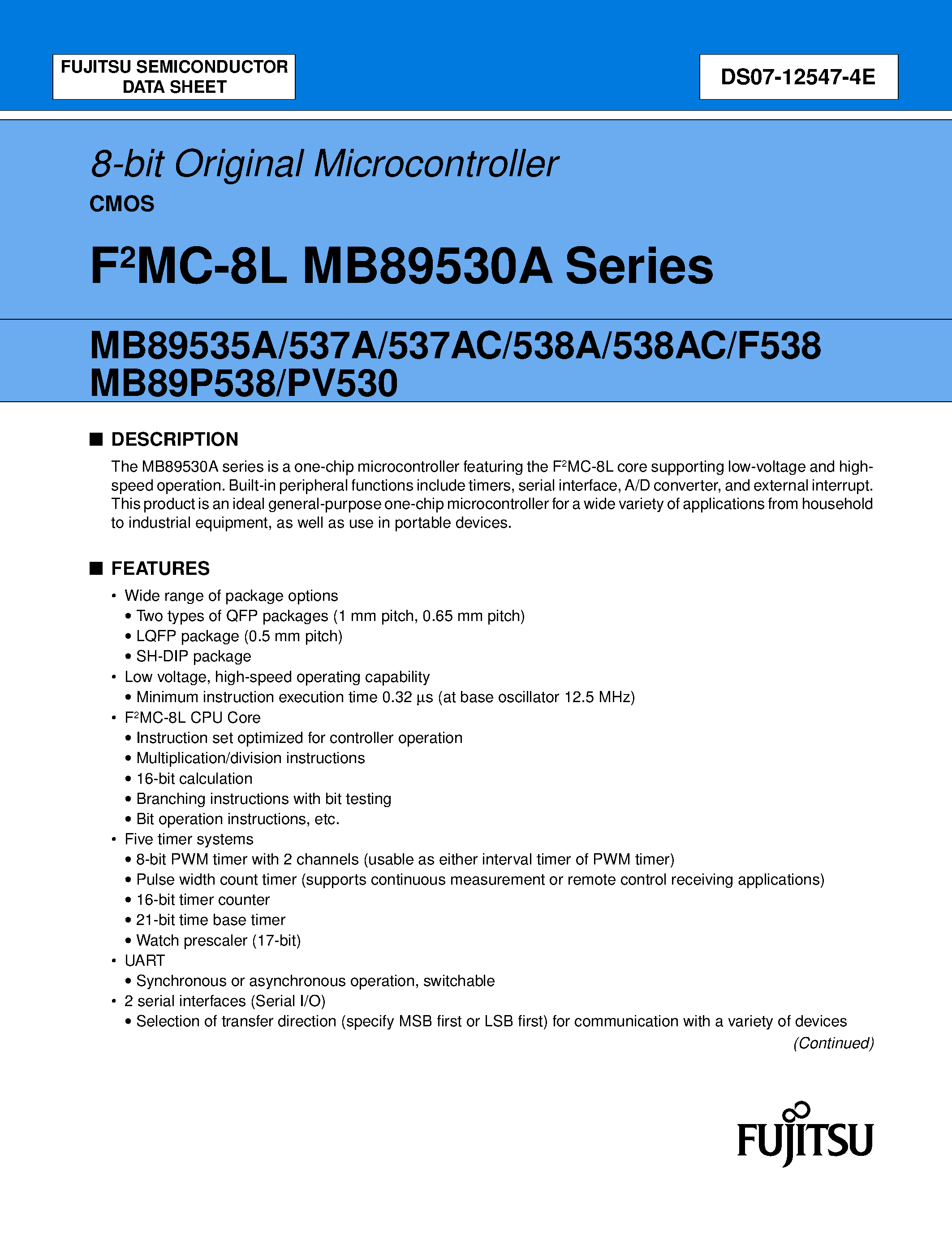 Datasheet MB89530A - (MB89530A Series) 8-bit Original Microcontroller CMOS page 1