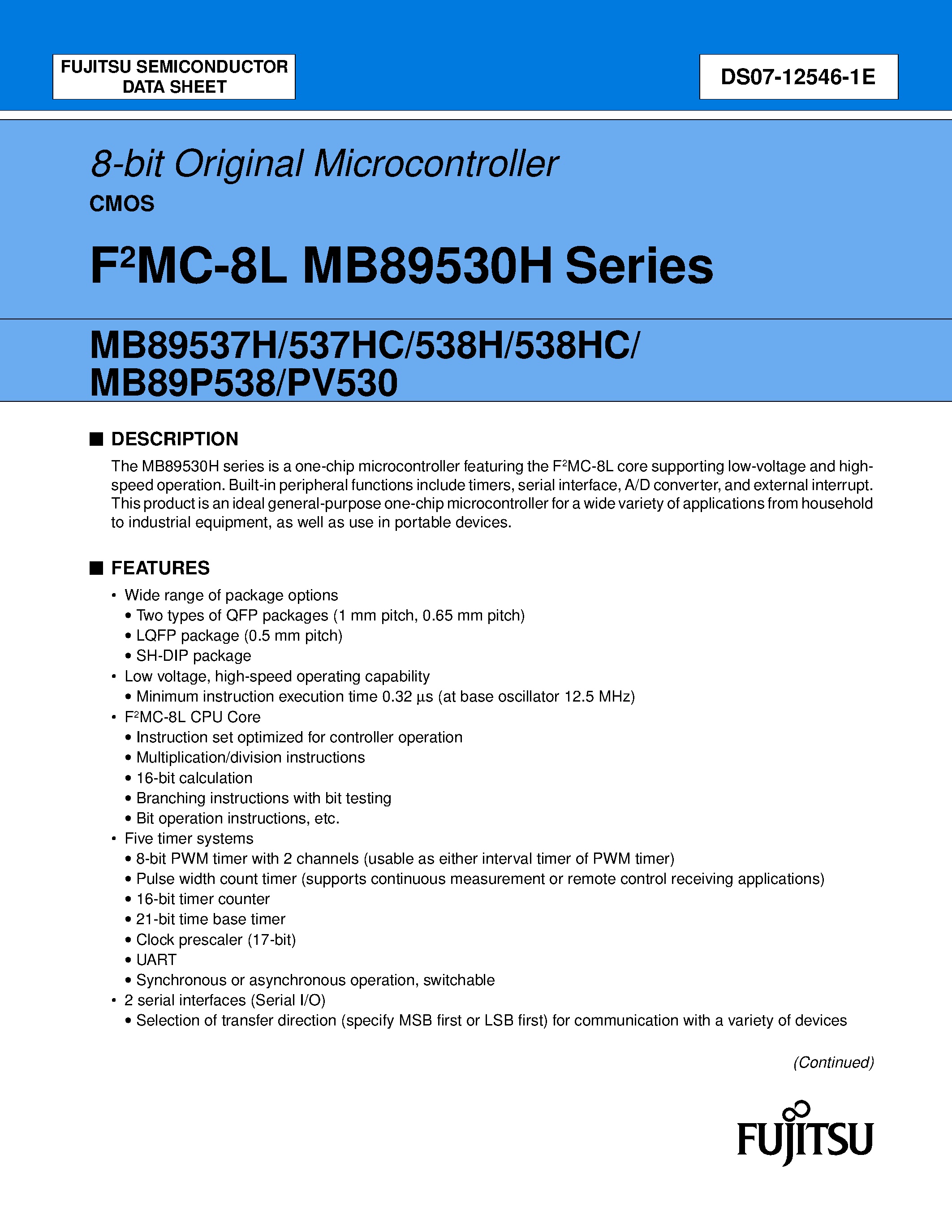 Datasheet MB89530H - (MB89530H Series) 8-bit Original Microcontroller CMOS page 1