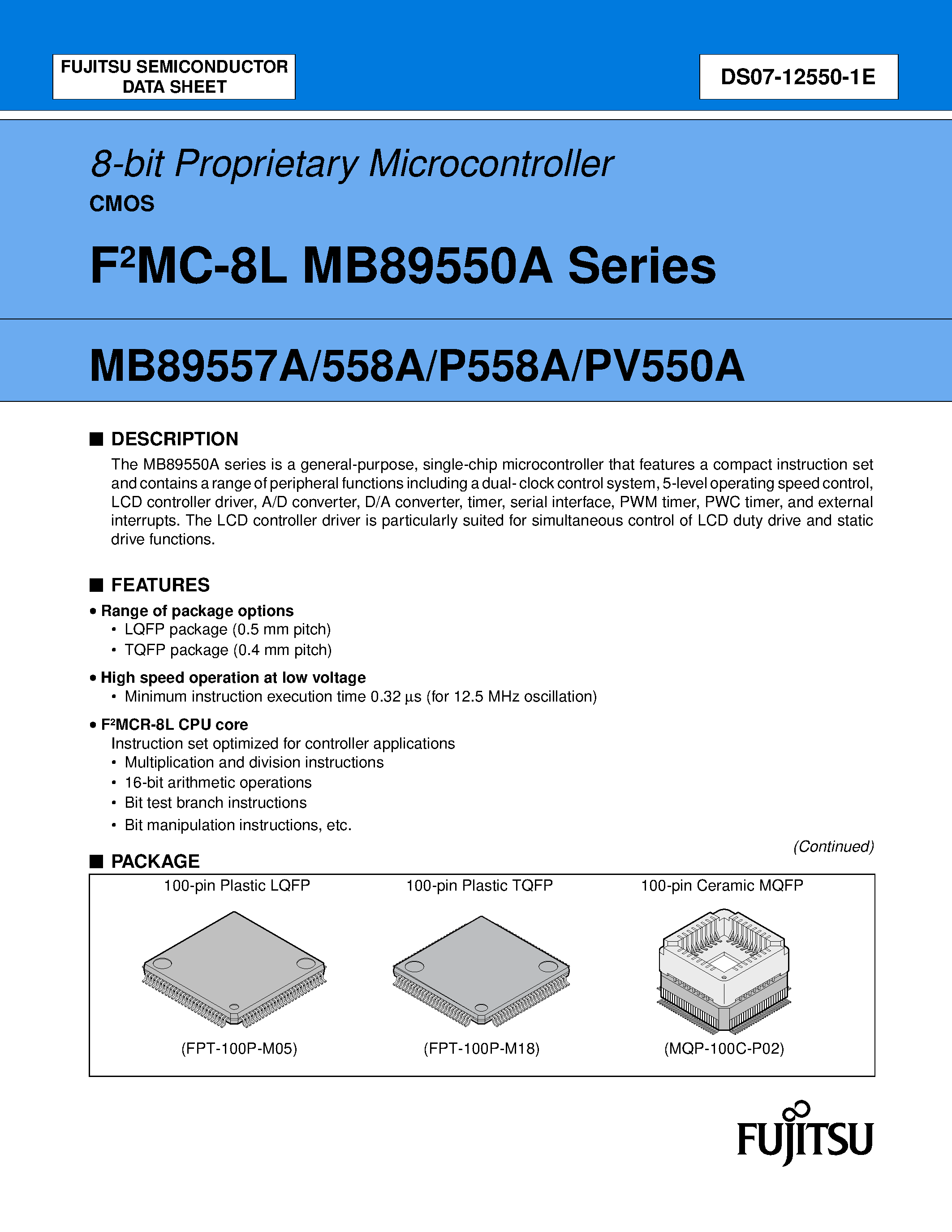 Datasheet MB89550A - (MB89550A Series) 8-bit Proprietary Microcontroller page 1