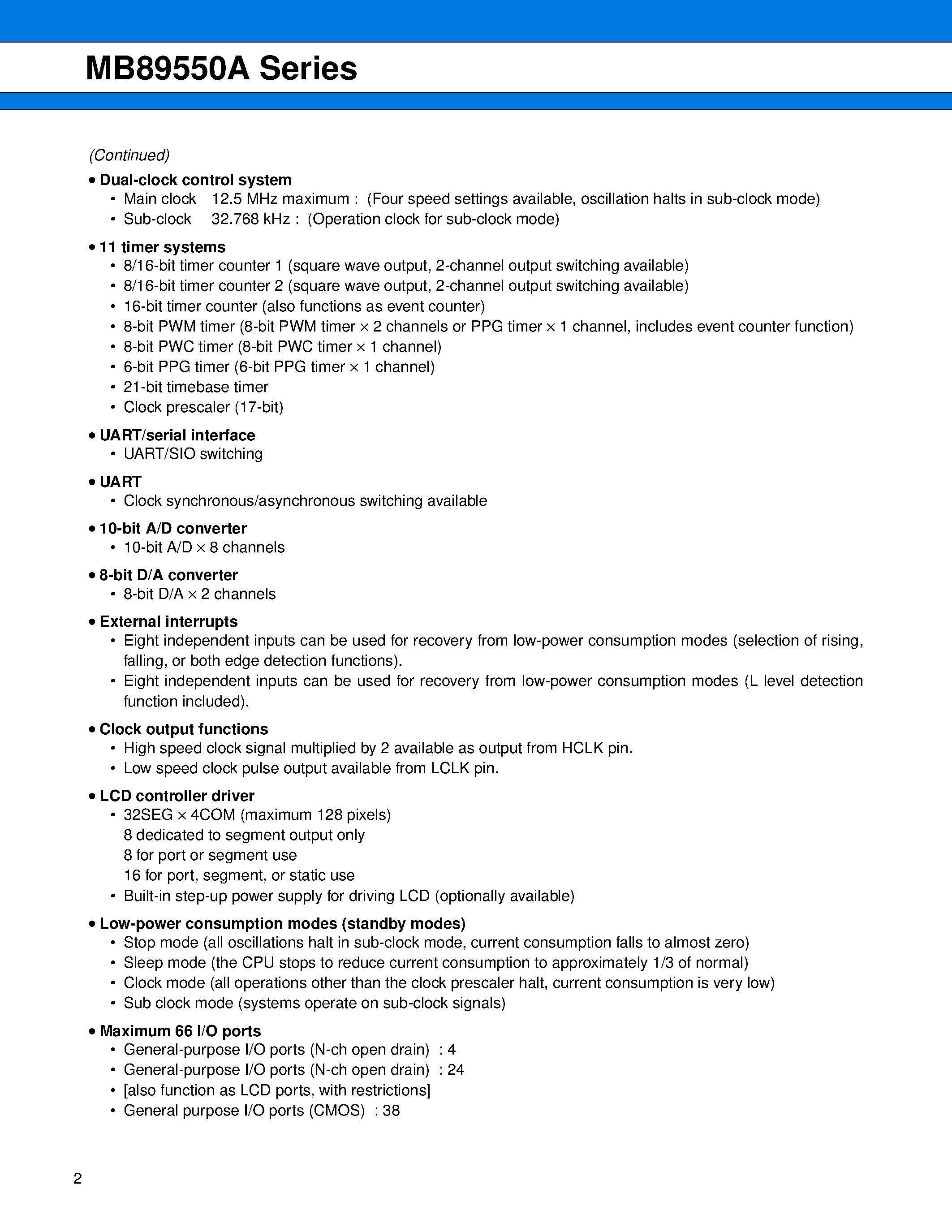 Datasheet MB89550A - (MB89550A Series) 8-bit Proprietary Microcontroller page 2