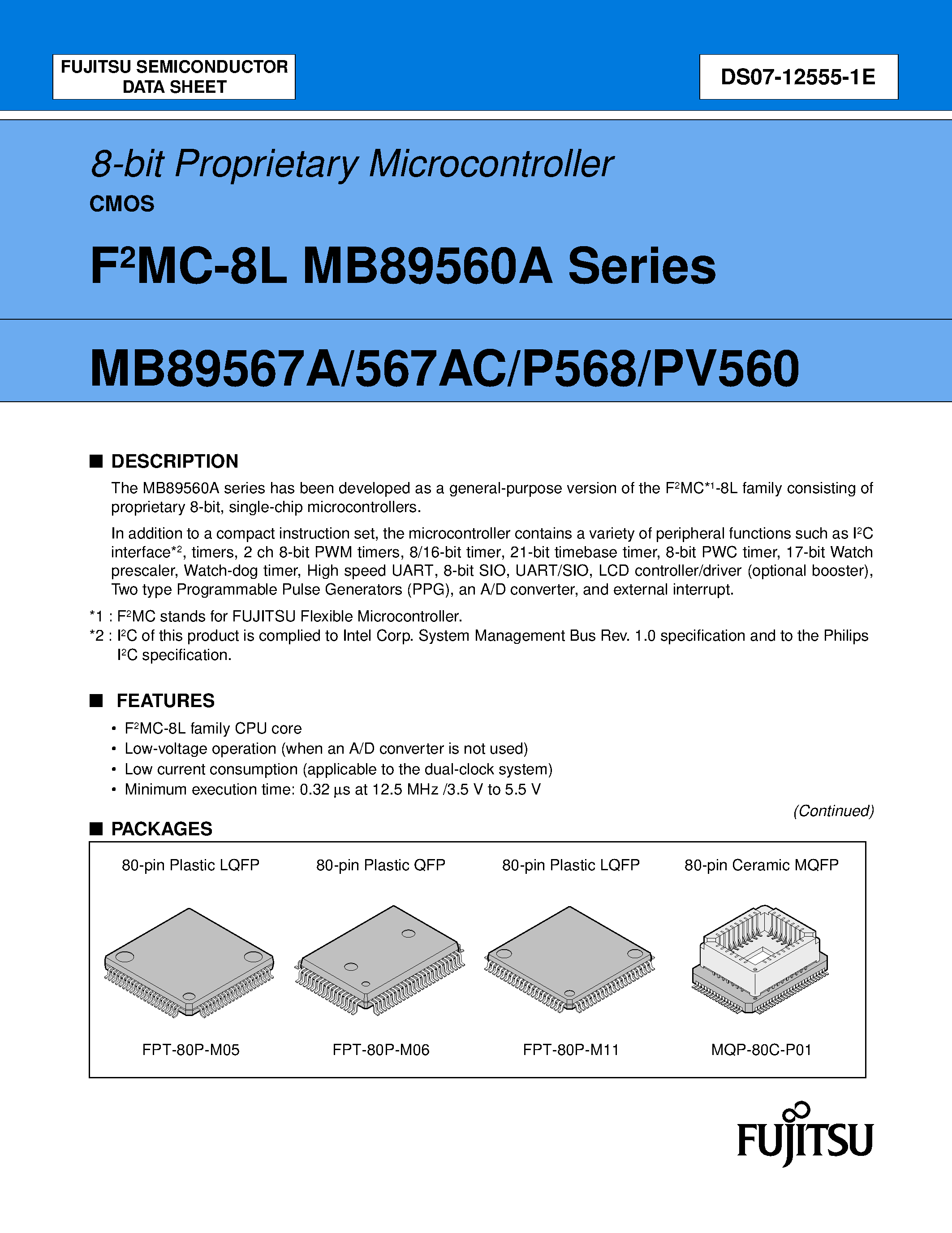 Datasheet MB89560A - (MB89560A Series) 8-bit Proprietary Microcontroller CMOS page 1