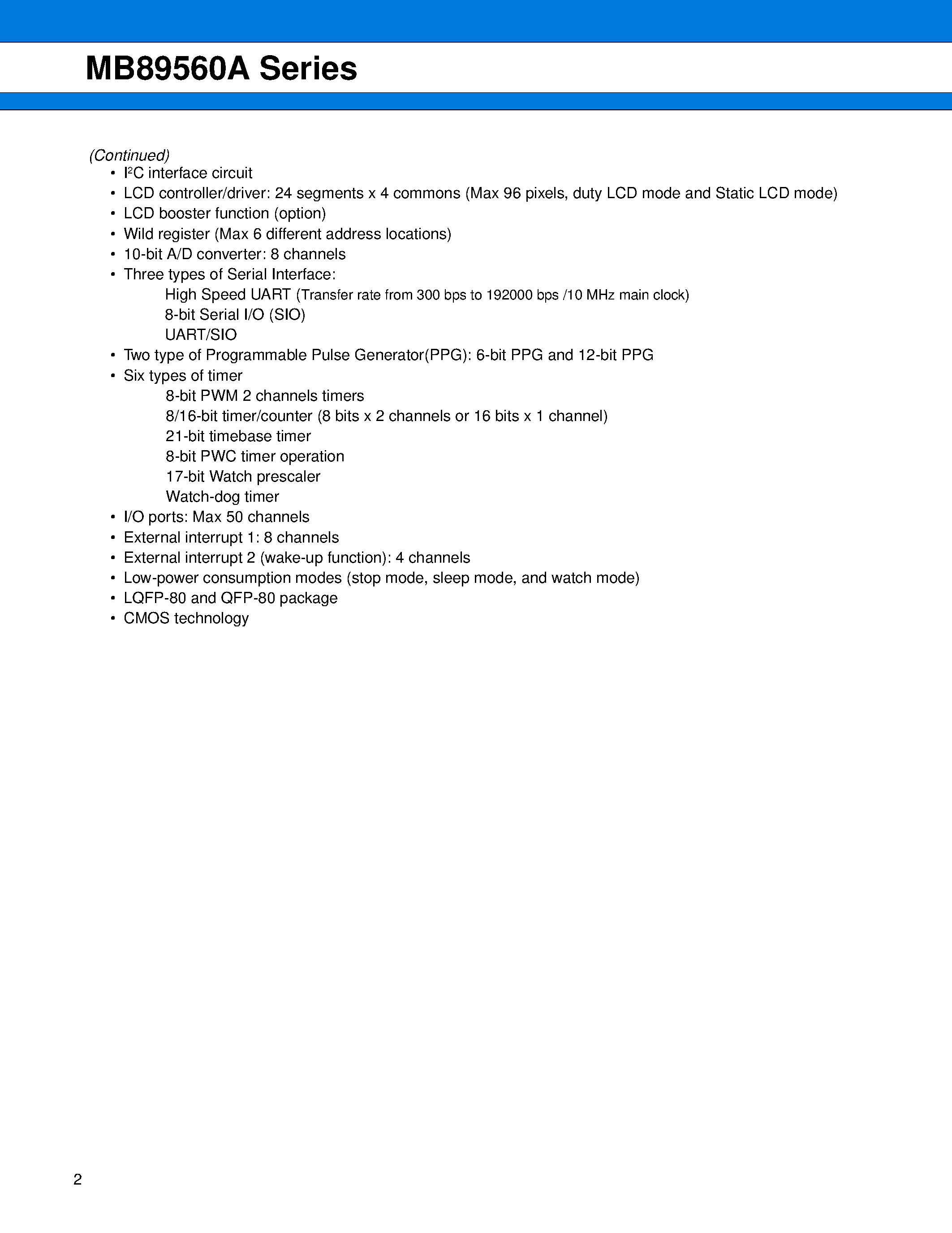 Datasheet MB89560A - (MB89560A Series) 8-bit Proprietary Microcontroller CMOS page 2