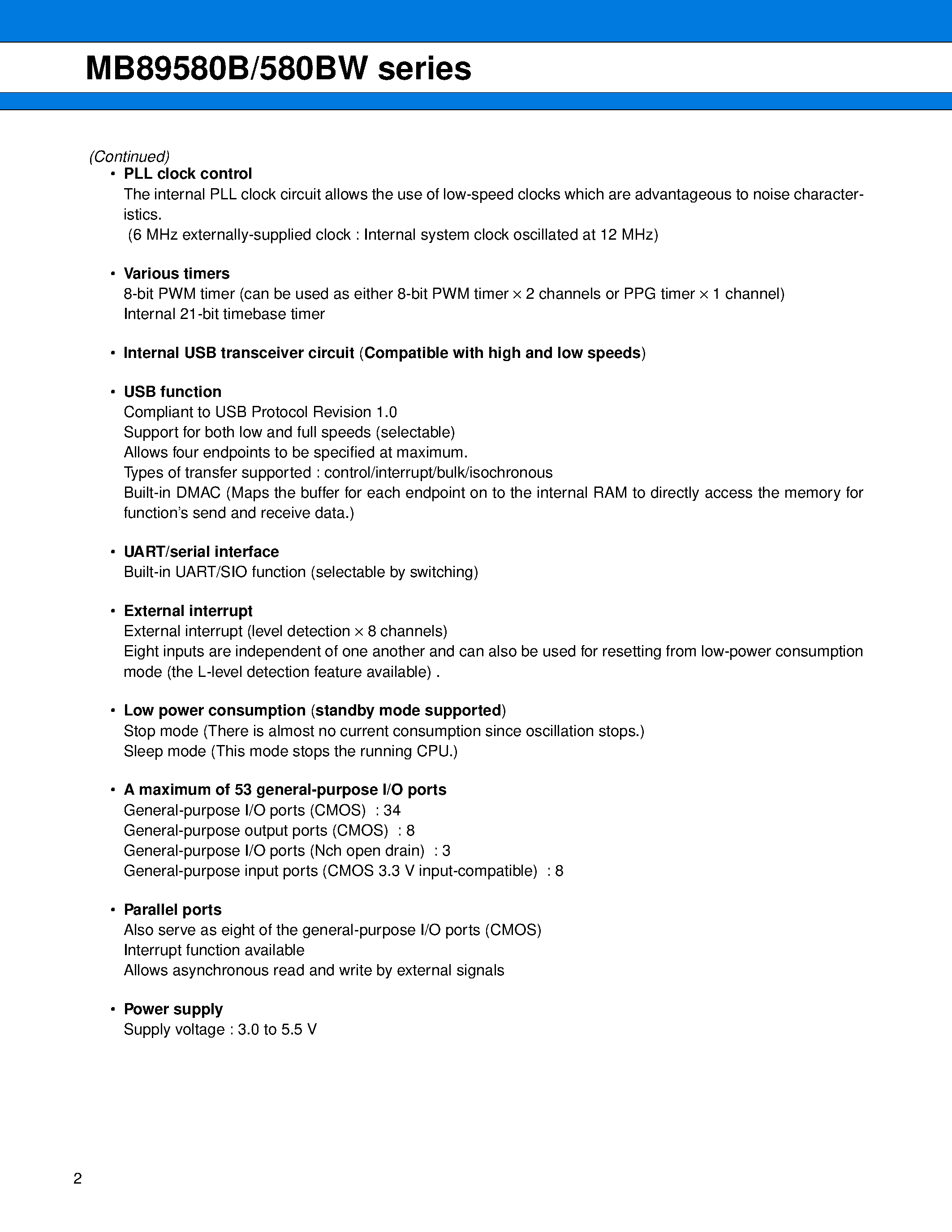 Datasheet MB89580B page 2 Datasheet MB89580B - (MB89580B Series) 8-bit Proprietary Microcontrollers page 2