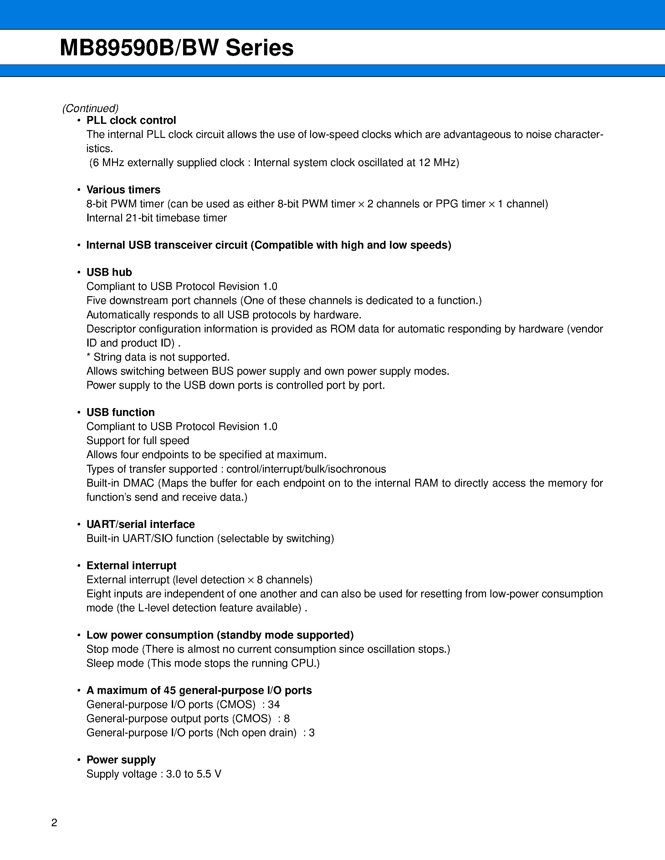 Datasheet MB89590B page 2 Datasheet MB89590B - (MB89590B Series) 8-bit Proprietary Microcontrollers page 2