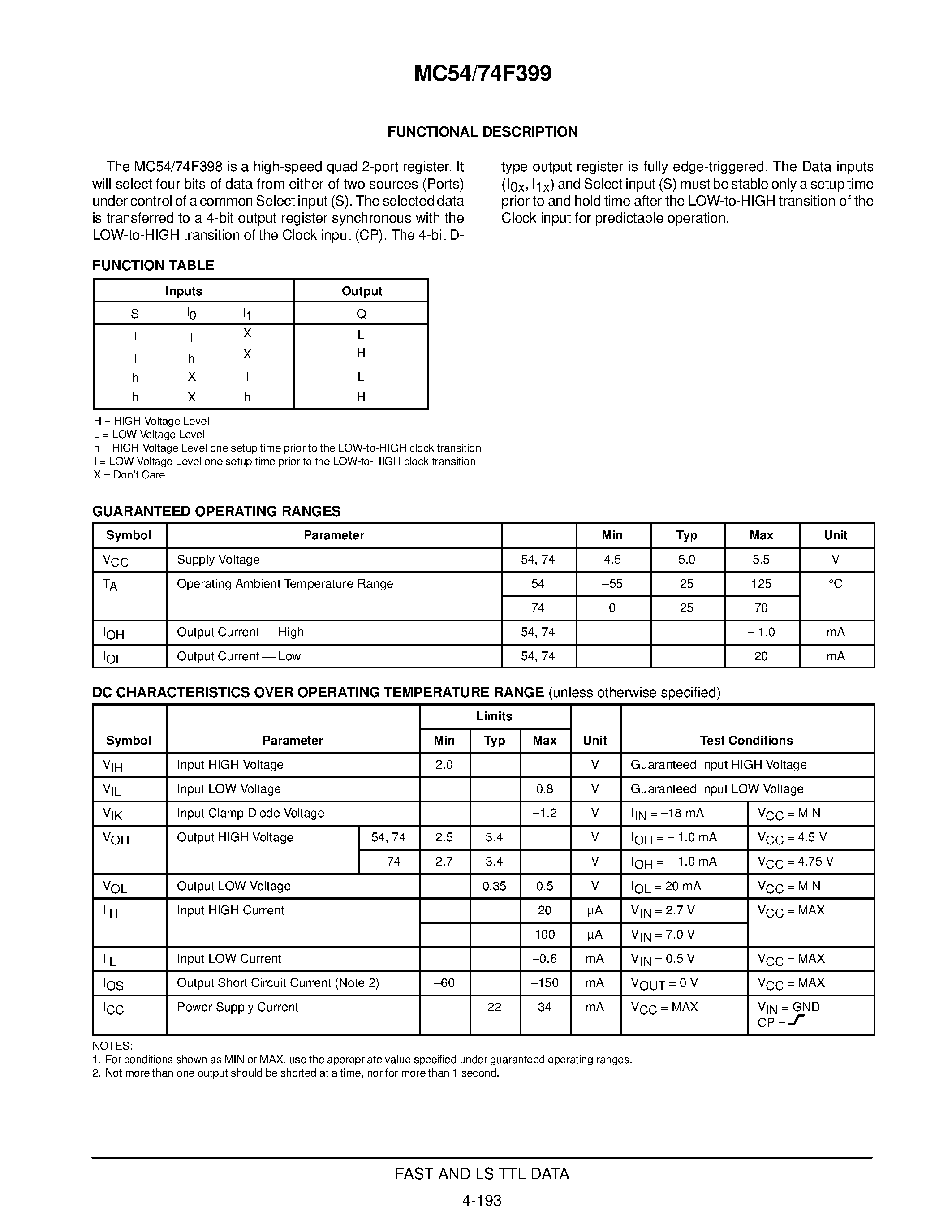Datasheet MC54F399 page 2 Datasheet MC54F399 - QUAD 2-PORT REGISTER FAST SCHOTTKY TTL page 2