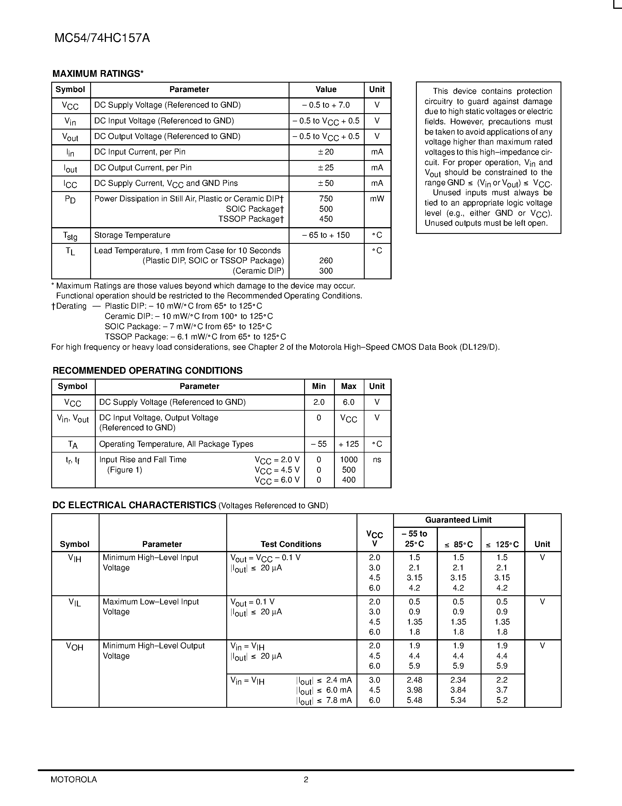 Даташит MC74HC157A - Quad 2-Input Data Selectors / Multiplexers страница 2