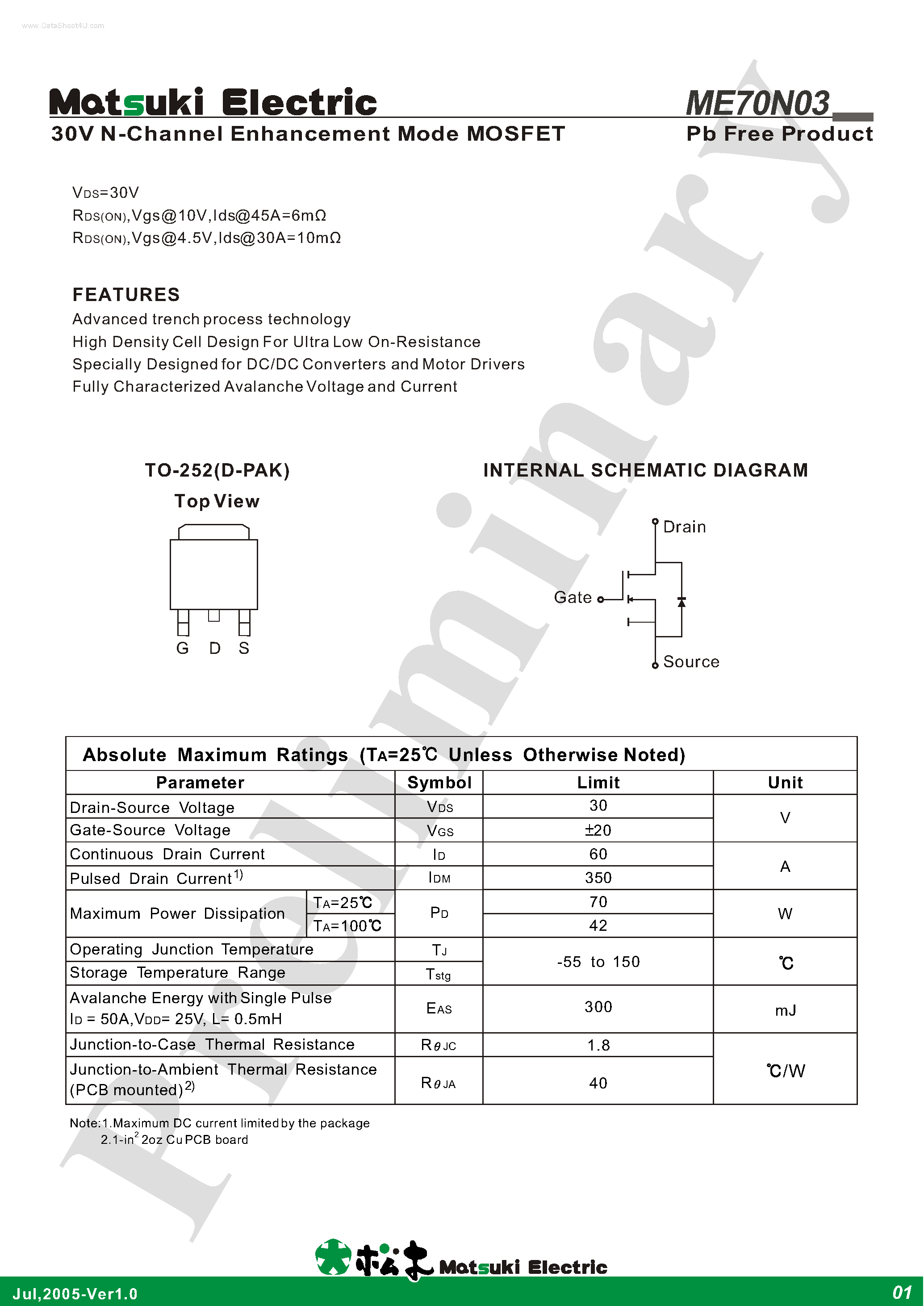 Datasheet ME70N03 - N-Channel Enhancement Mode MOSFET page 1