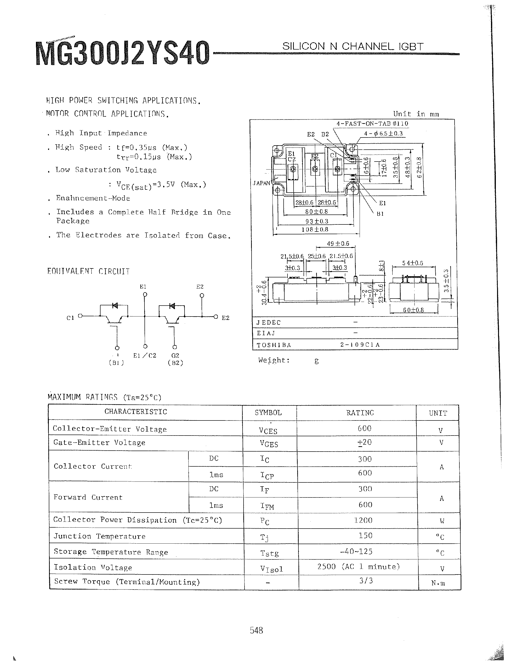 Datasheet MG300J2YS40 - SILICON N CHANNEL 1GBT page 1