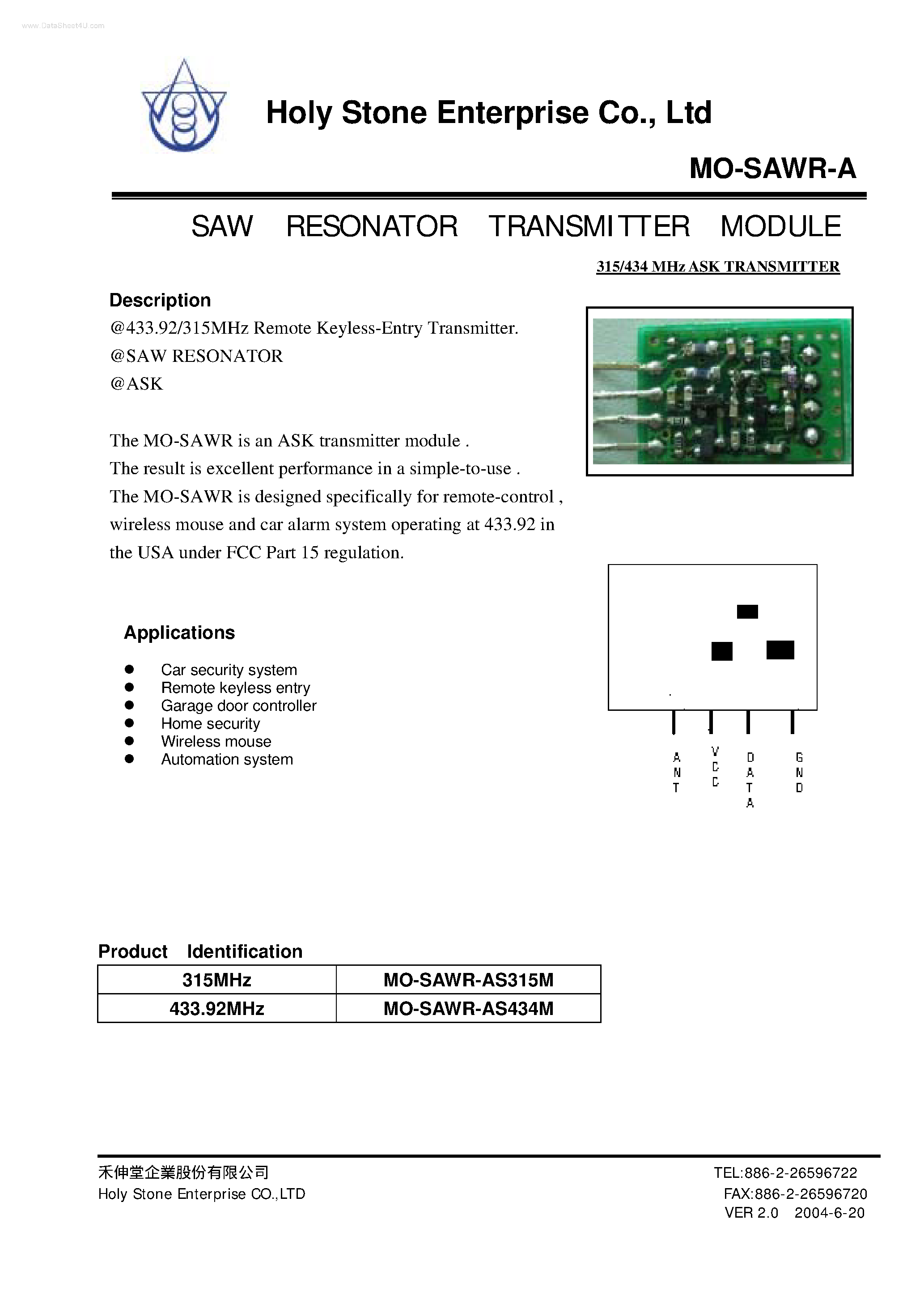 Datasheet MO-SAWR-A - SAW RESONATOR TRANSMITTER MODULE page 1