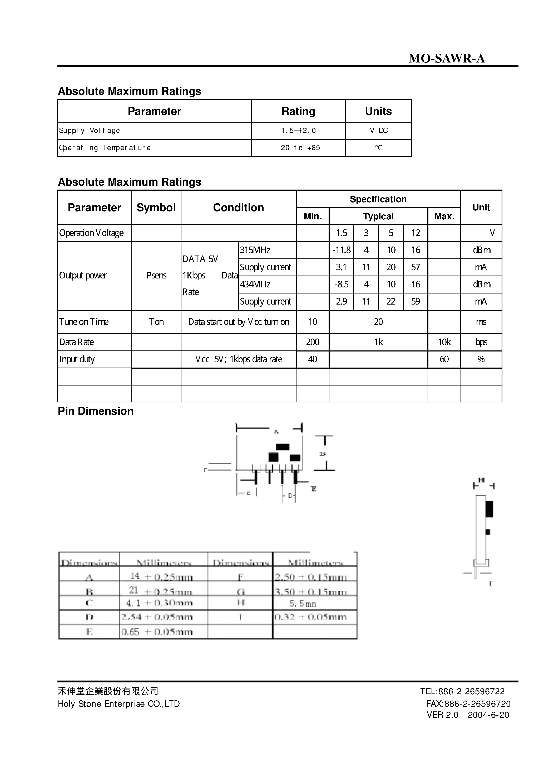 Datasheet MO-SAWR-A - SAW RESONATOR TRANSMITTER MODULE page 2