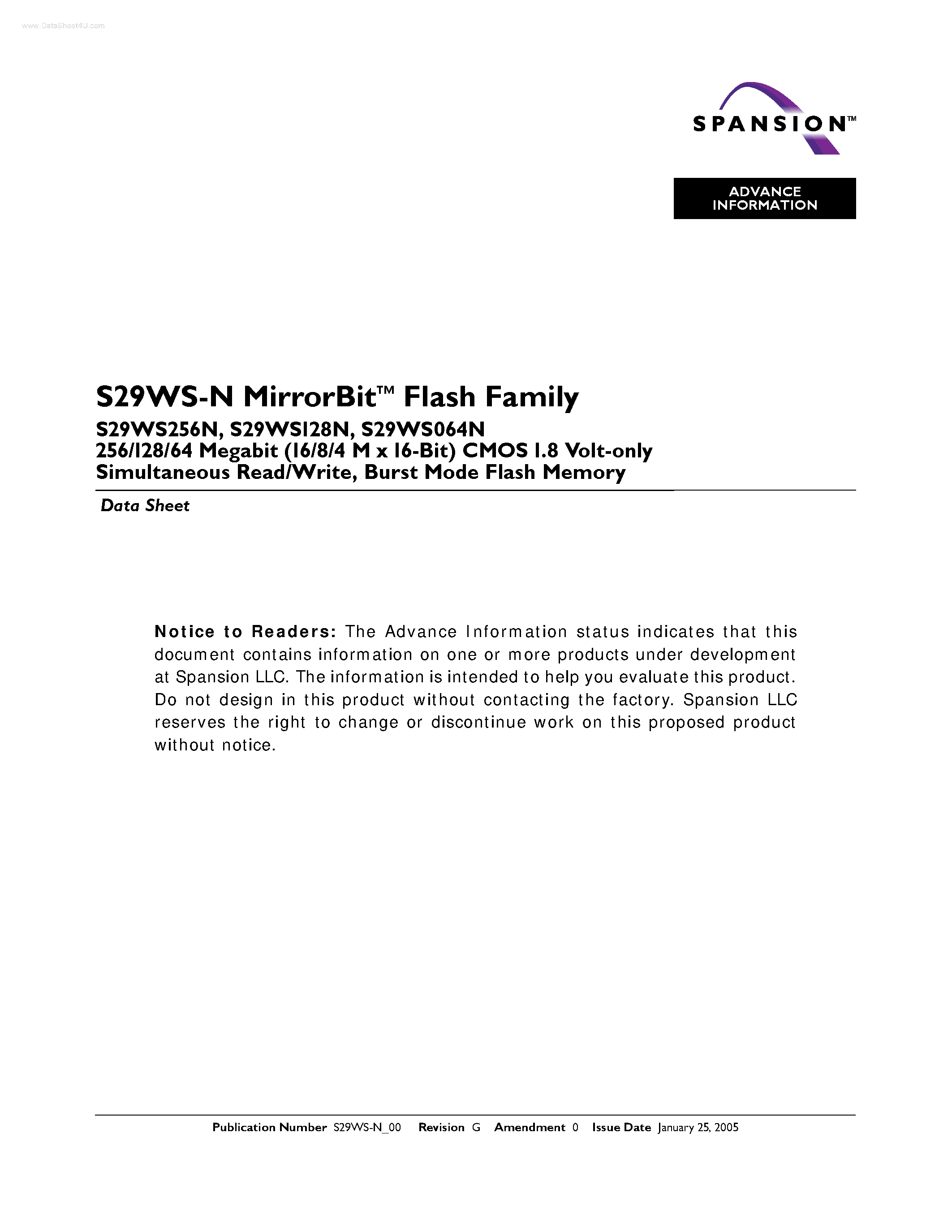 Datasheet S29WS-N - SIMULTANEOUS READ/WRITE BURST MODE FLASH MEMORY page 1
