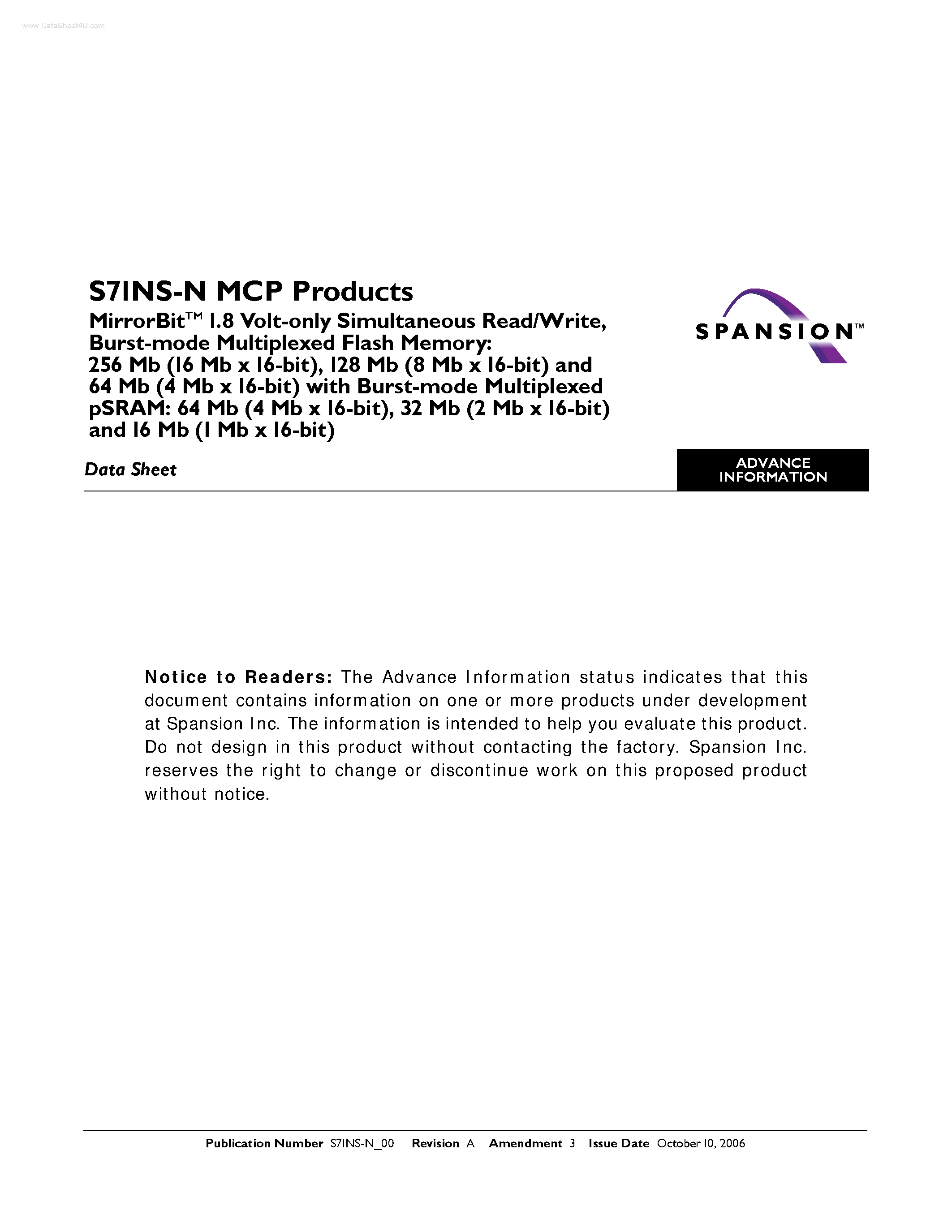 Datasheet S71NS-N - Burst-mode Multiplexed Flash Memory page 1