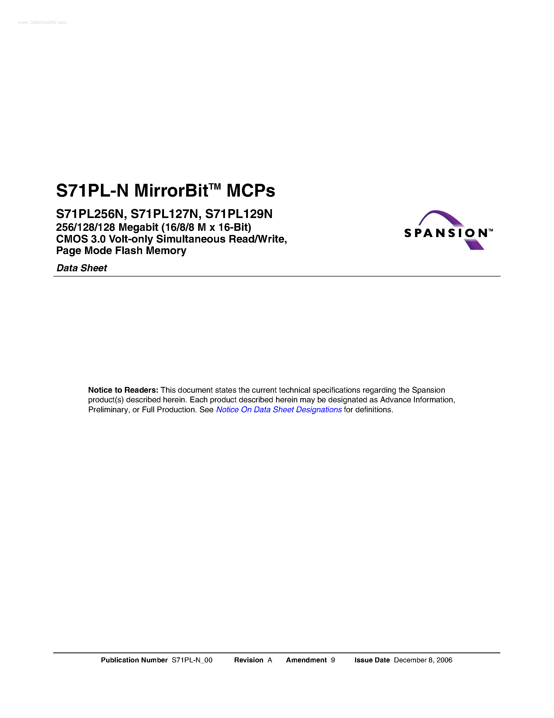 Datasheet S71PL-N page 1 Datasheet S71PL-N - MirrorBit MCPs page 1