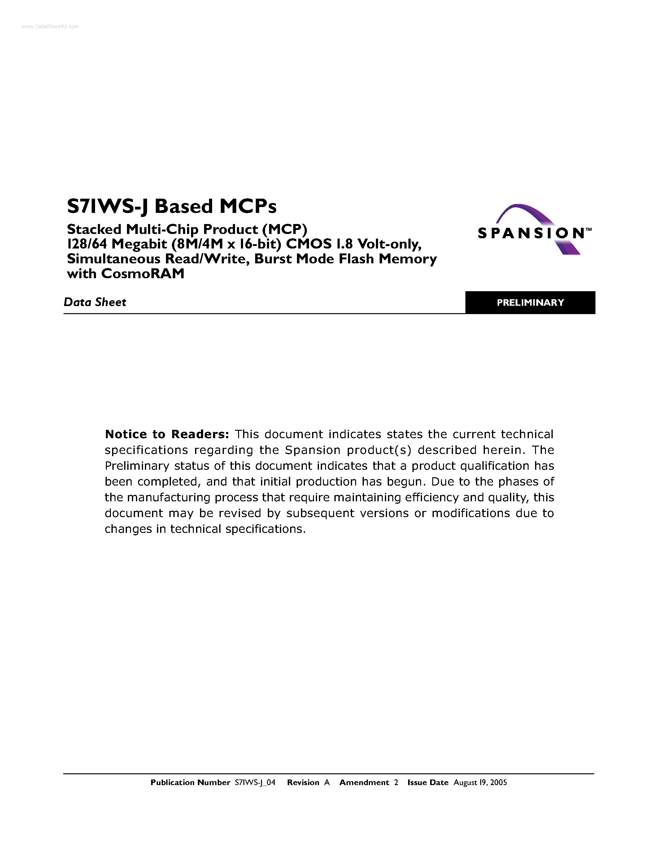 Datasheet S71WS-J - Stacked Multi-Chip Product (MCP) page 1