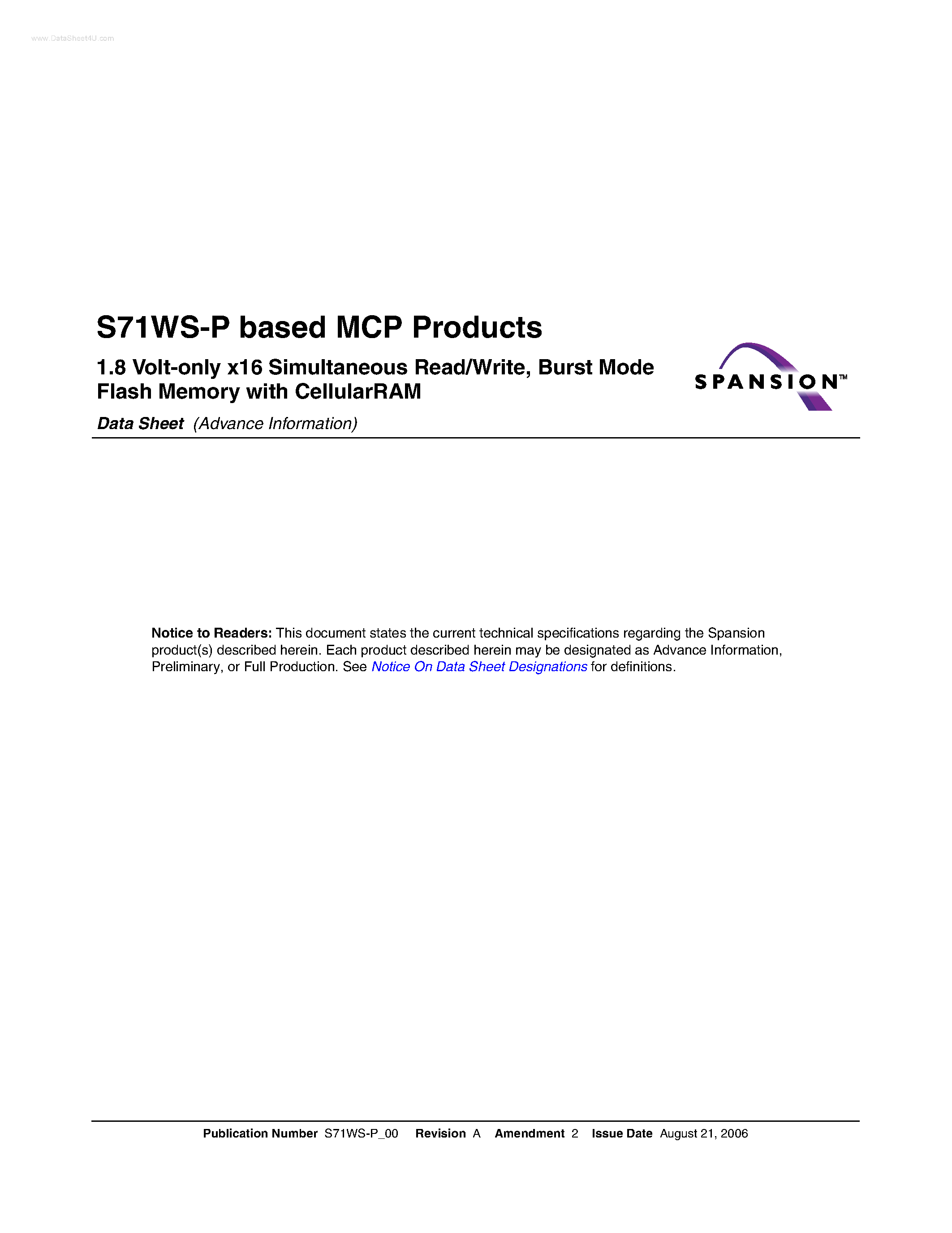 Даташит S71WS-P - Burst Mode Flash Memory страница 1