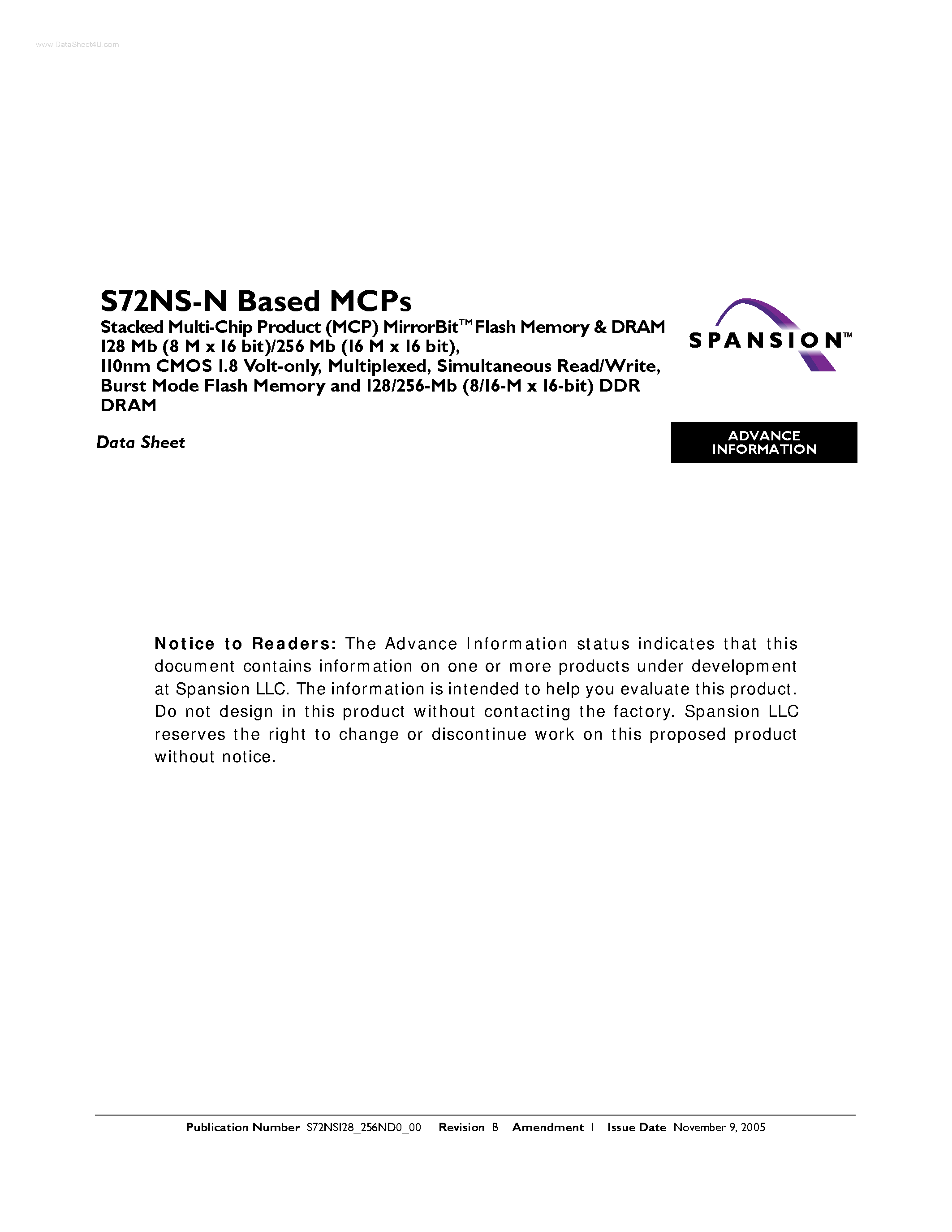 Datasheet S72NS-N - Based MCPs page 1