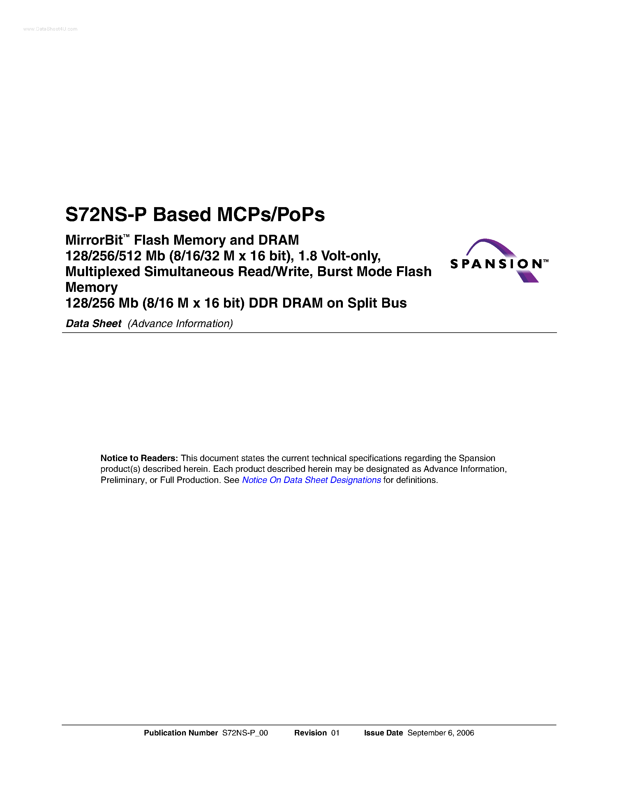 Даташит S72NS-P - MirrorBit Flash Memory and DRAM страница 1