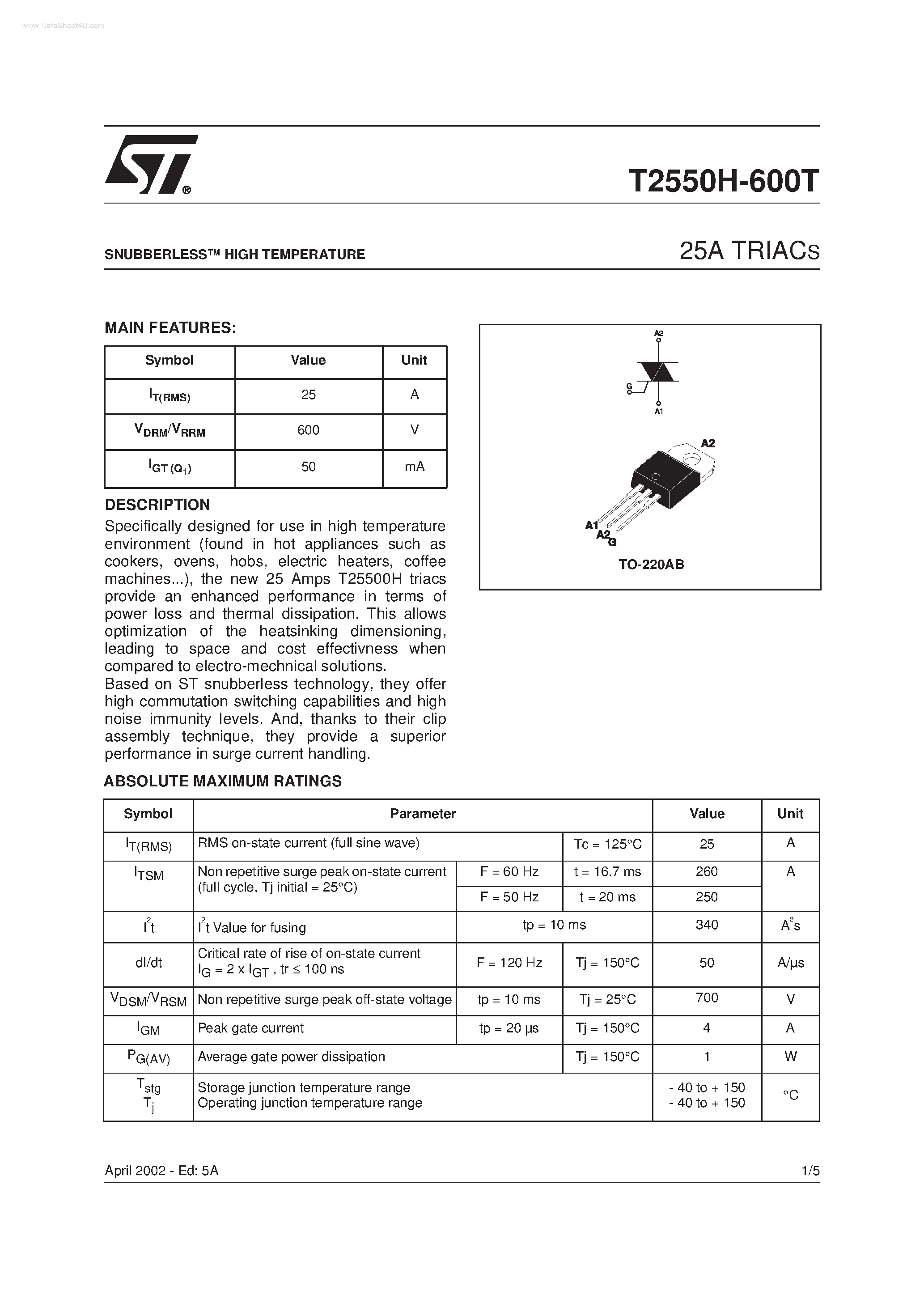Datasheet T2550H-600T - Snubberless high temperature 25 A Triacs page 1