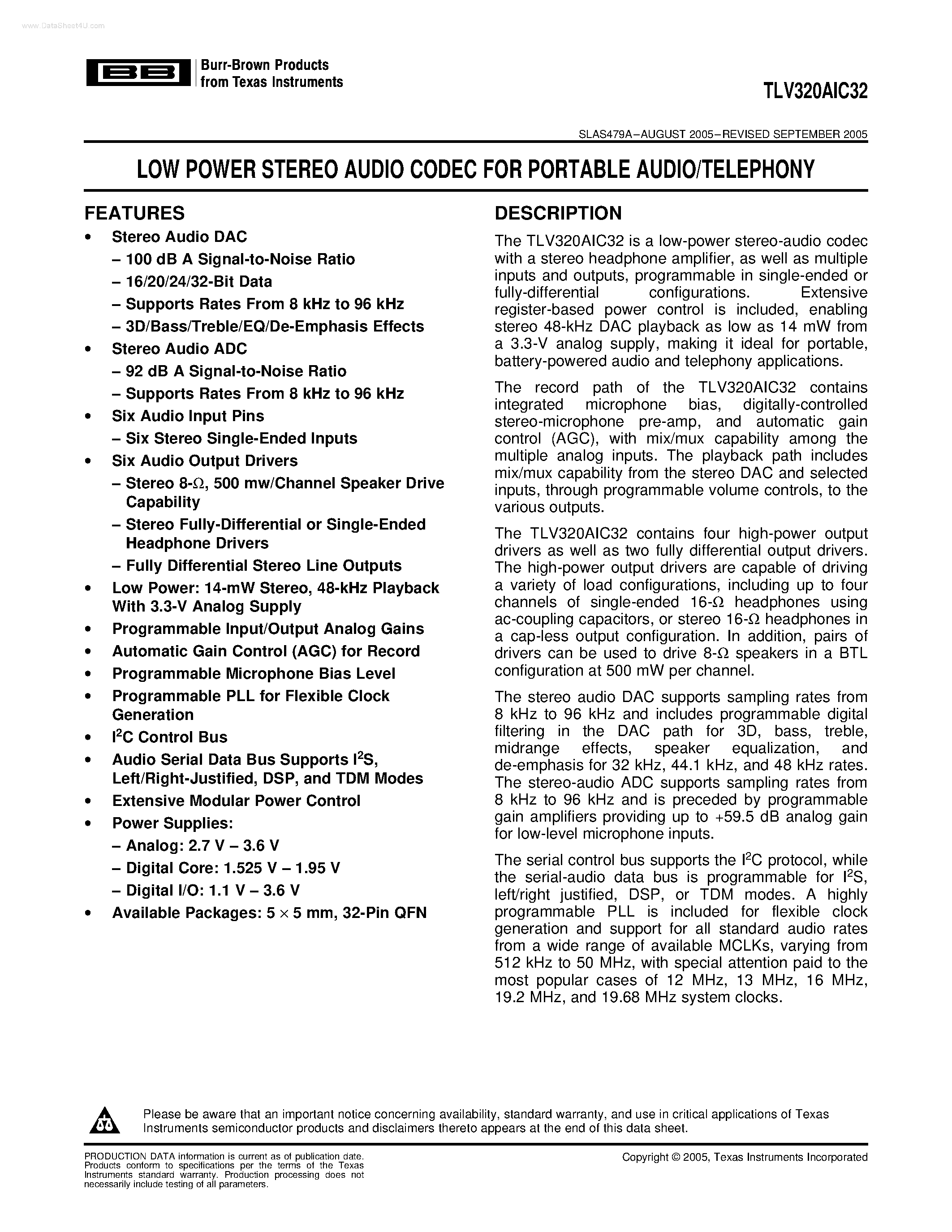 Даташит TLV320AIC32 - LOW POWER STEREO AUDIO CODEC страница 1