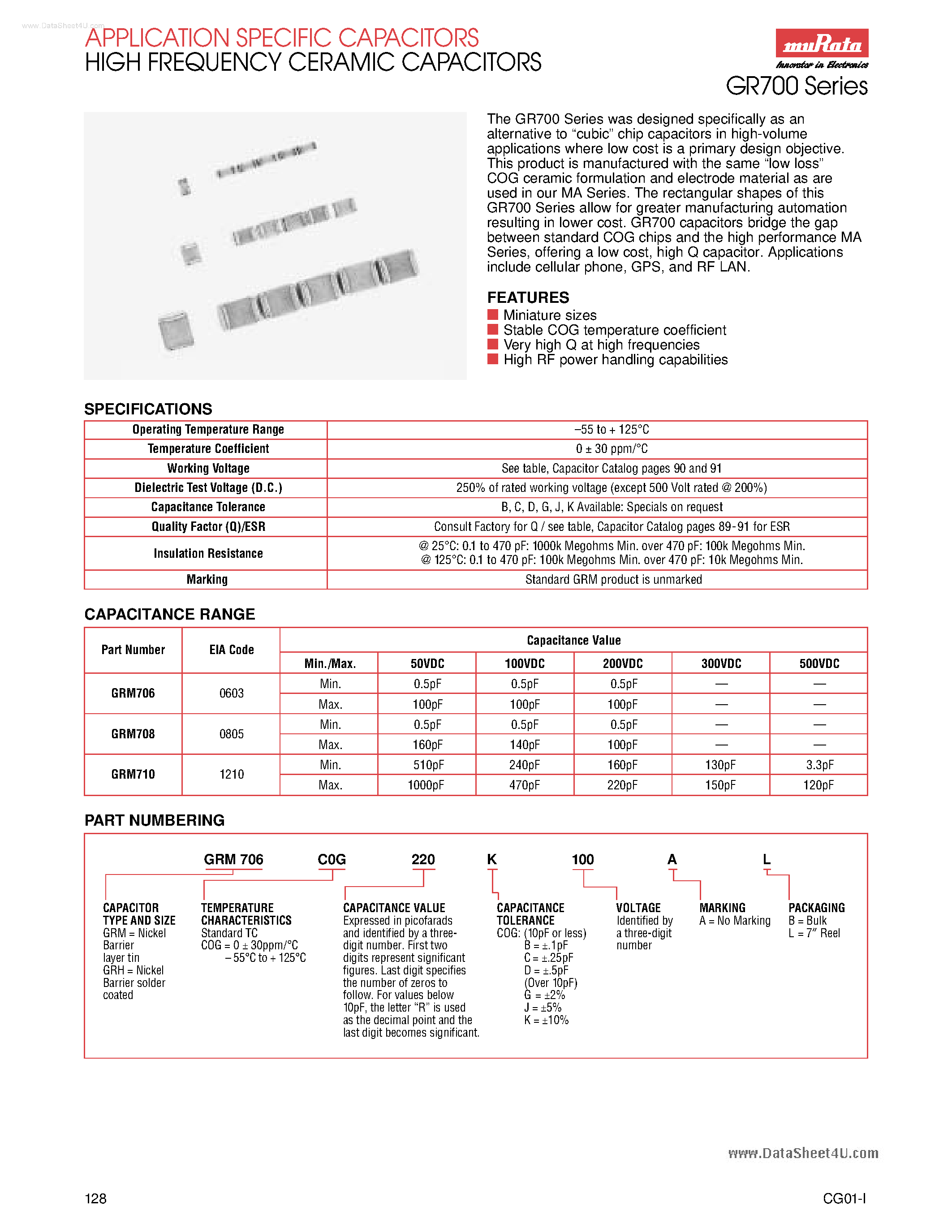 Datasheet GRM700 - (GRM700 Series) High Frequency Ceramic Capacitors page 1