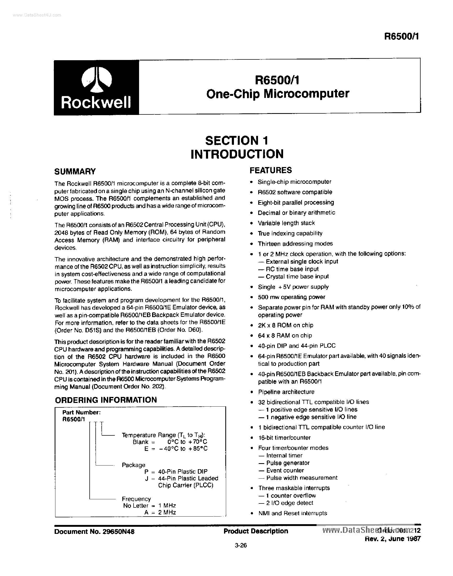 Datasheet R6500/1 page 1 Datasheet R6500/1 - One-Chip Microcomputer page 1