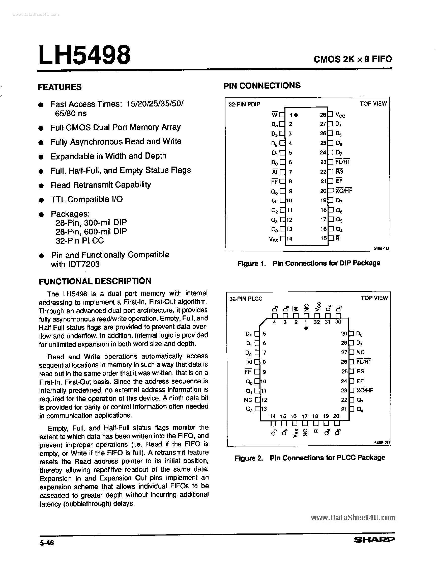 Datasheet LH5498 - CMOS 2K x 9 FIFO page 1