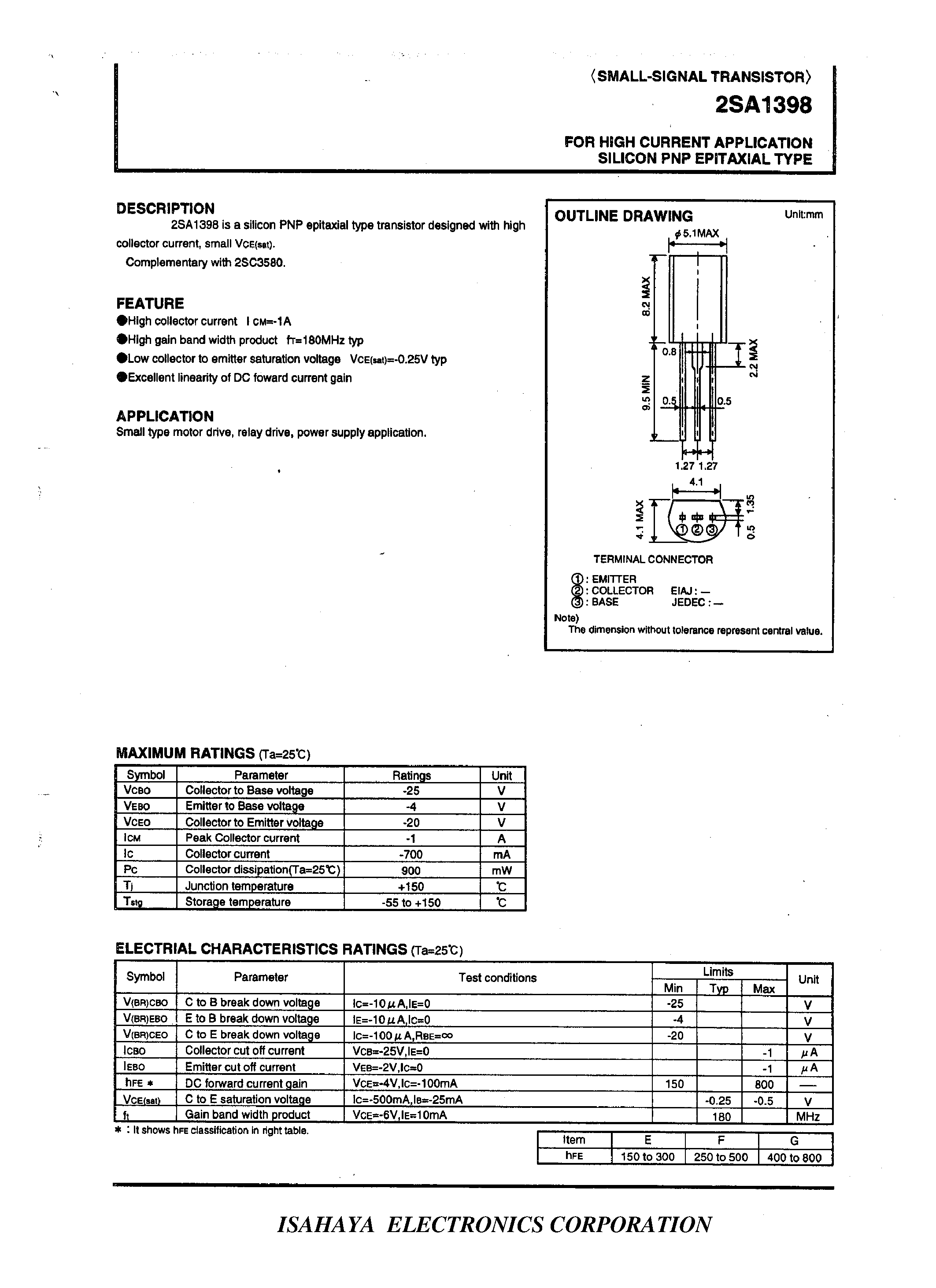 Datasheet 2SA1398 - FOR HIGH CURRENT APPLICATION SILICON PNP EPITAXIAL TYPE page 1