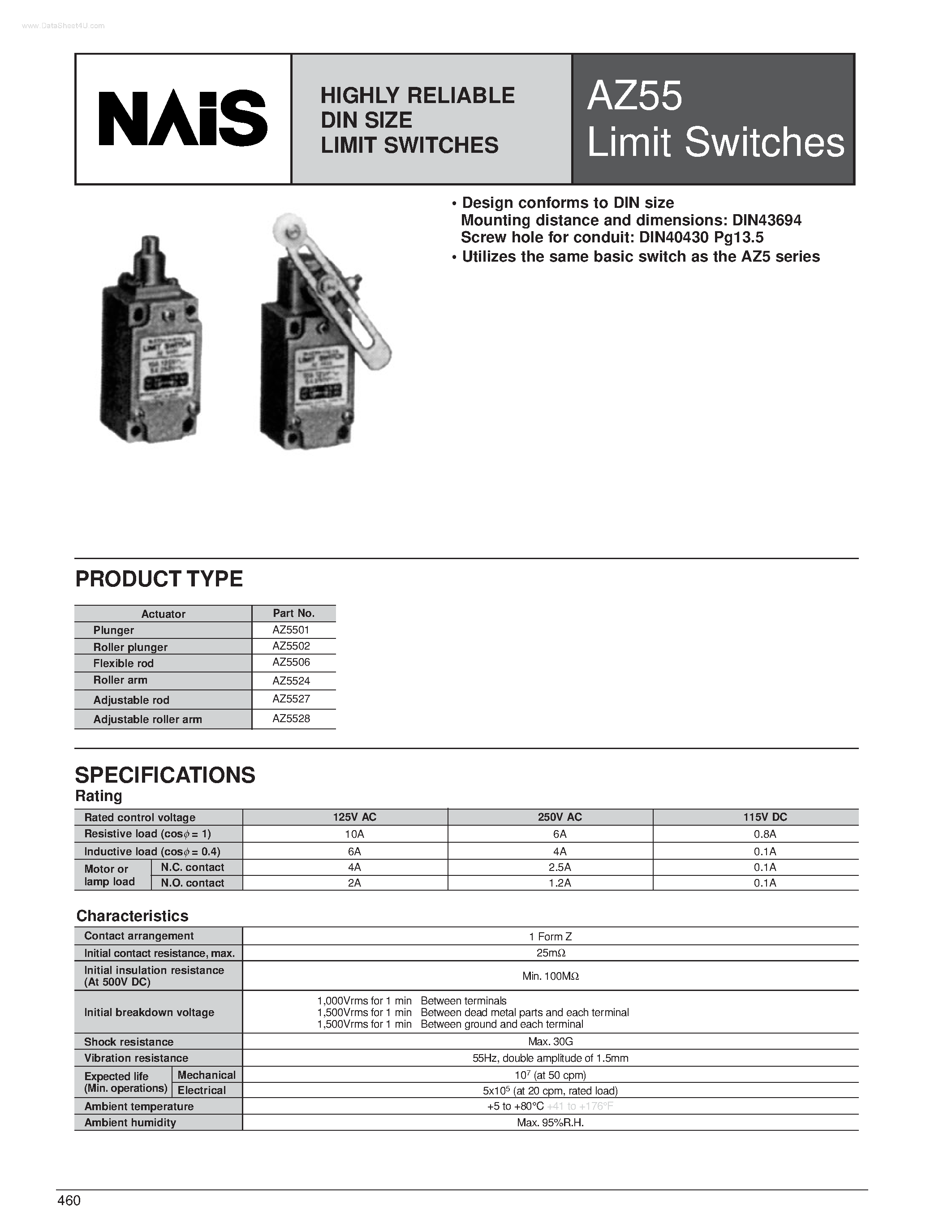 Даташит на микросхему AZ55 страница 1 Даташит AZ55 - HIGHLY RELIABLE DIN SIZE LIMIT SWITCHES страница 1