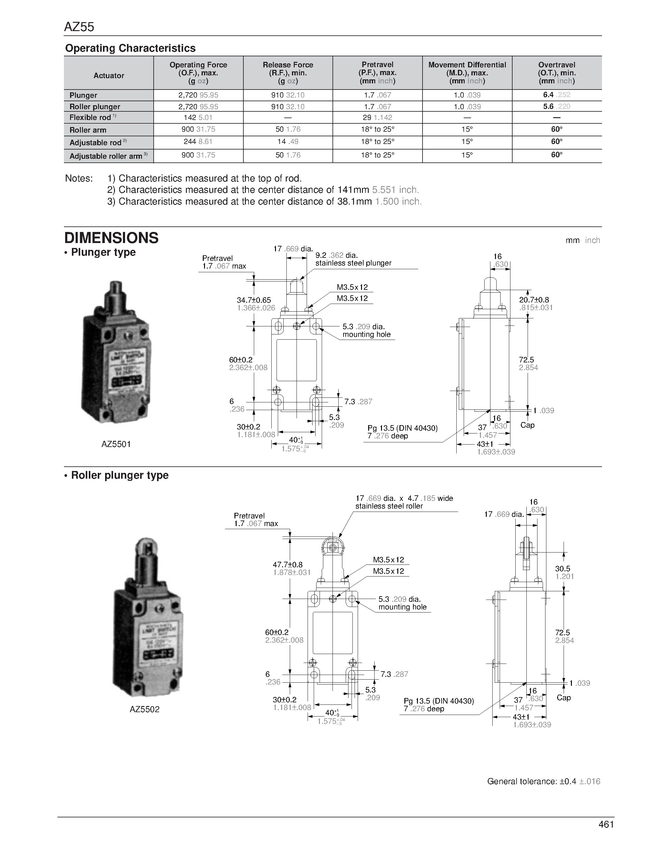 Даташит на микросхему AZ55 страница 2 Даташит AZ55 - HIGHLY RELIABLE DIN SIZE LIMIT SWITCHES страница 2