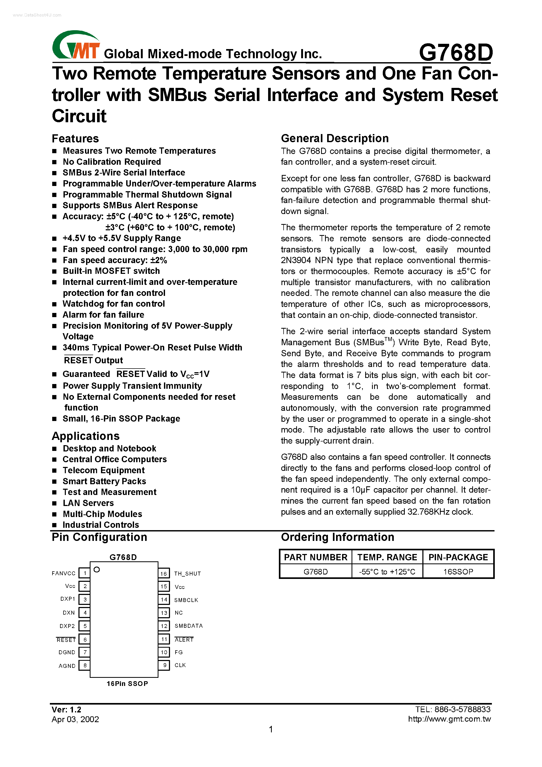 Datasheet G768D page 1 Datasheet G768D - Two Remote Temperature Sensors and One Fan Controller page 1