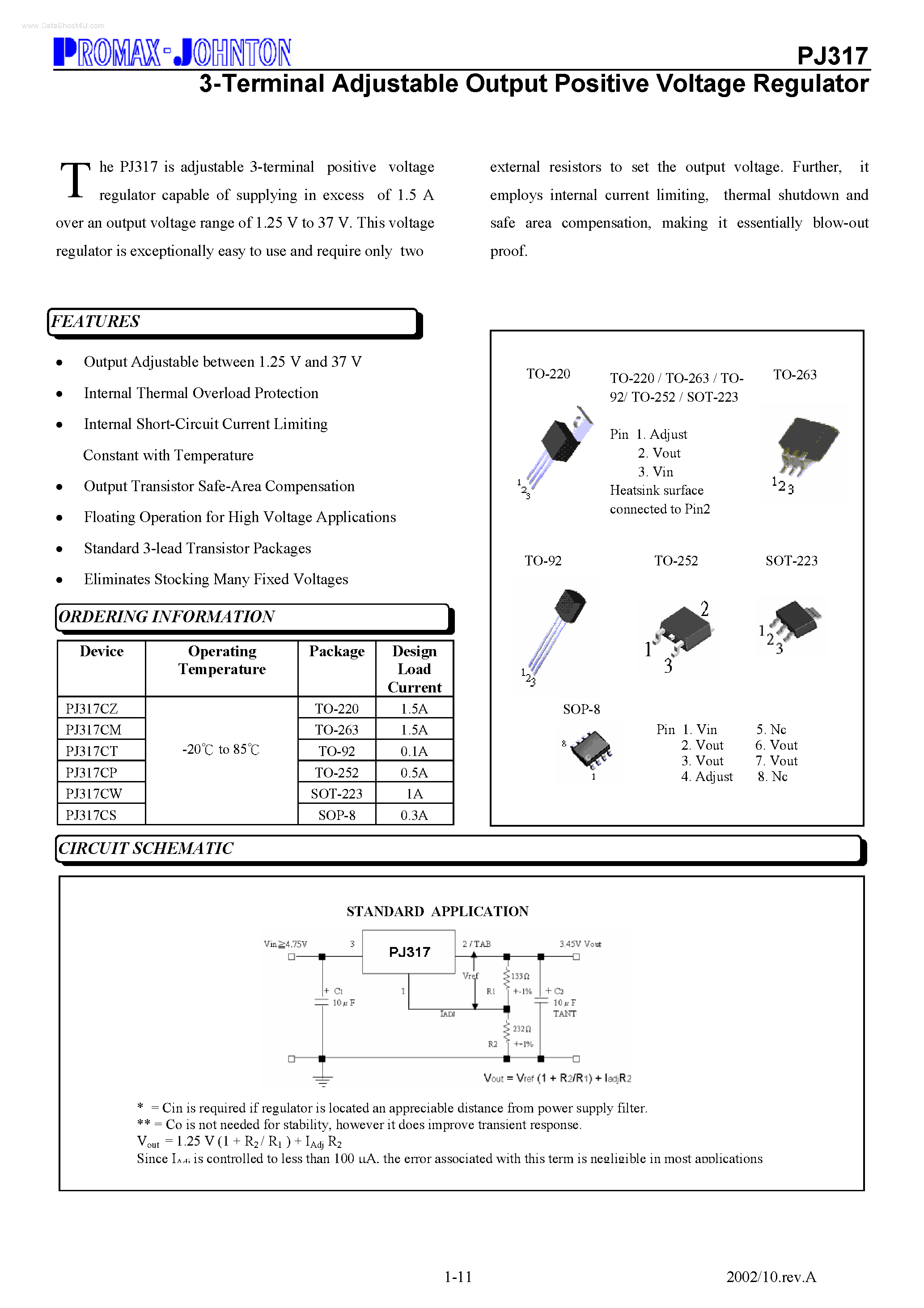 Datasheet PJ317 - 3-Terminal Adjustable Output Positive Voltage Regulator page 1