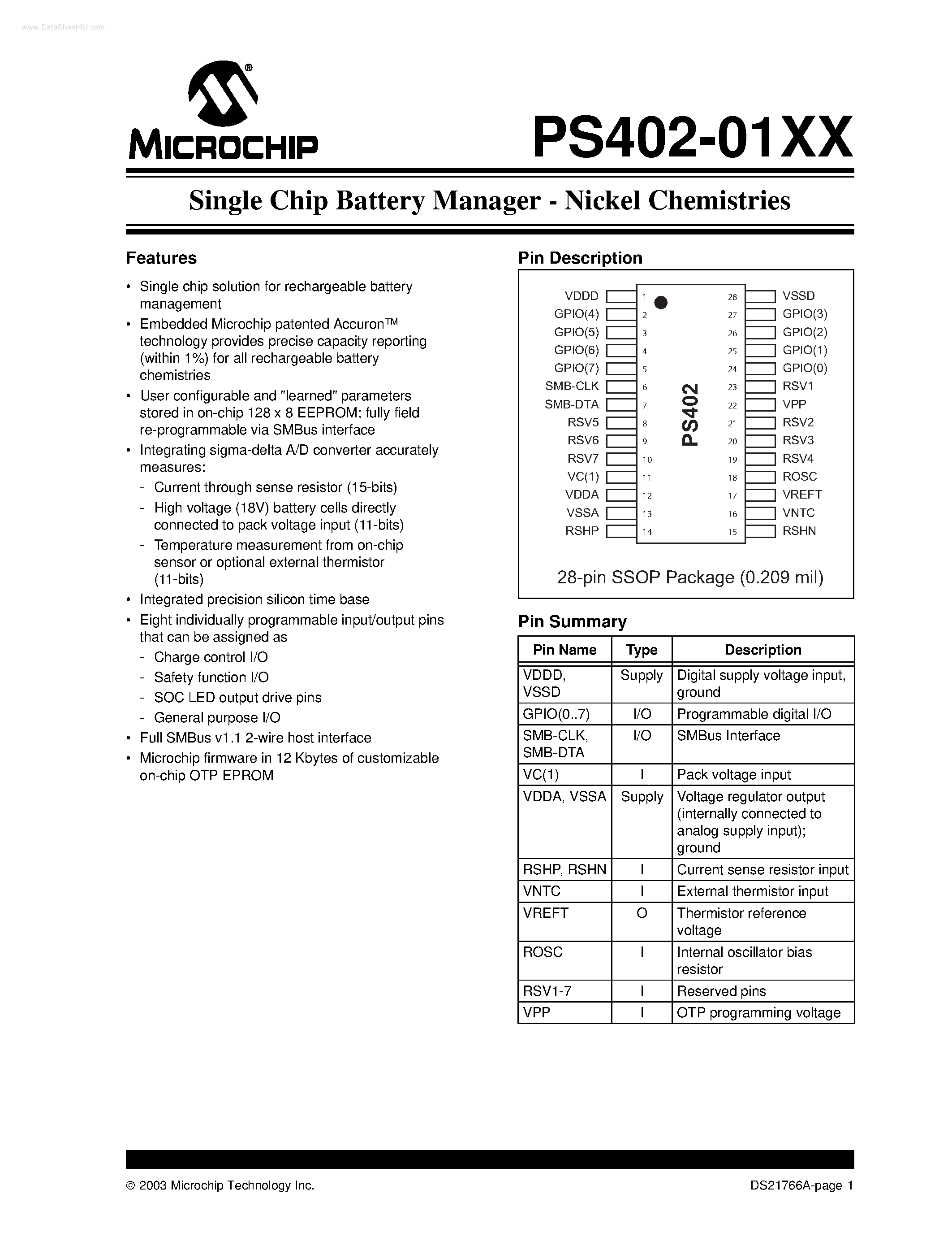 Datasheet PS402-01XX - Single Chip Battery Manager - Nickel Chemistries page 1