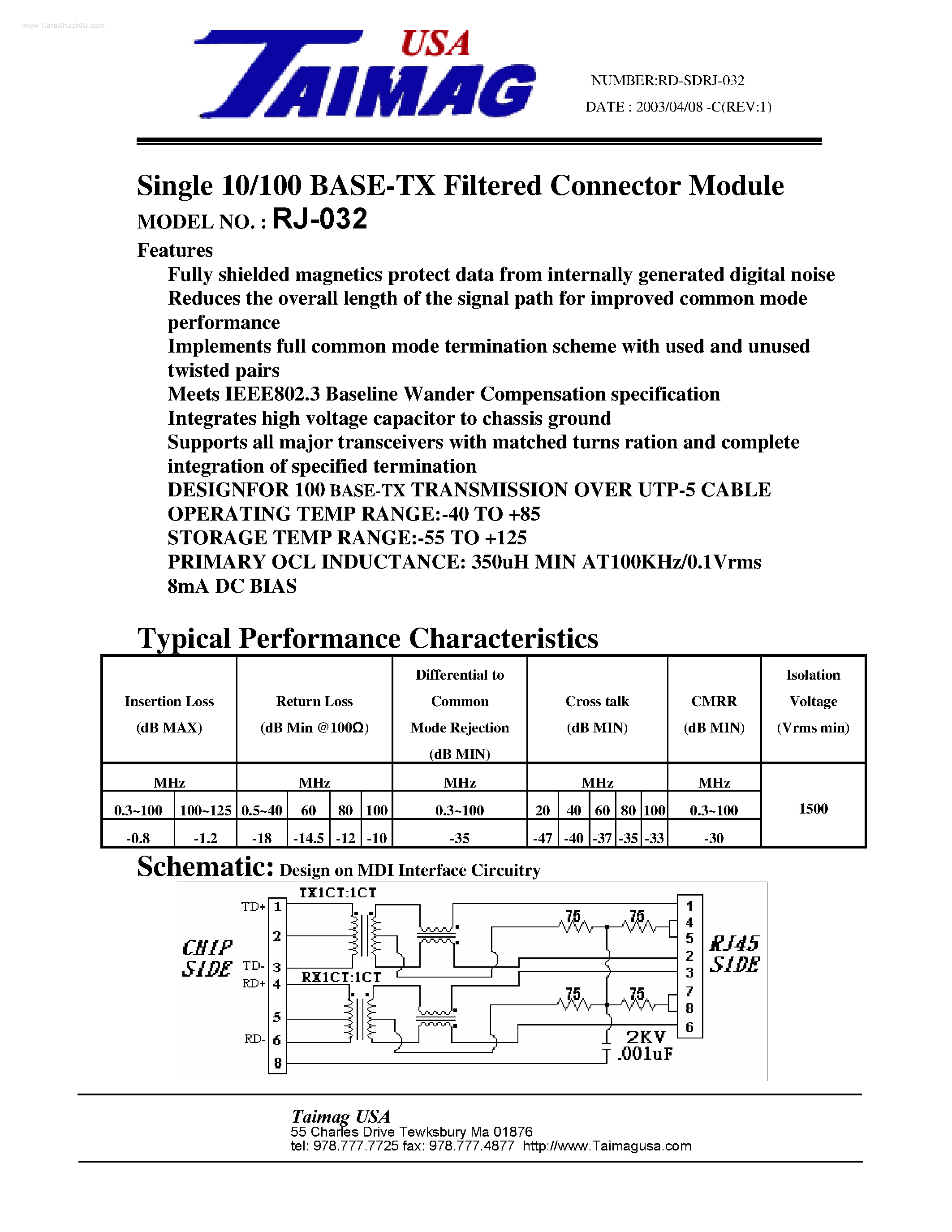 Даташит на микросхему RJ-032 страница 1 Даташит RJ-032 - Single 10/100 BASE-TX Filtered Connector Module страница 1